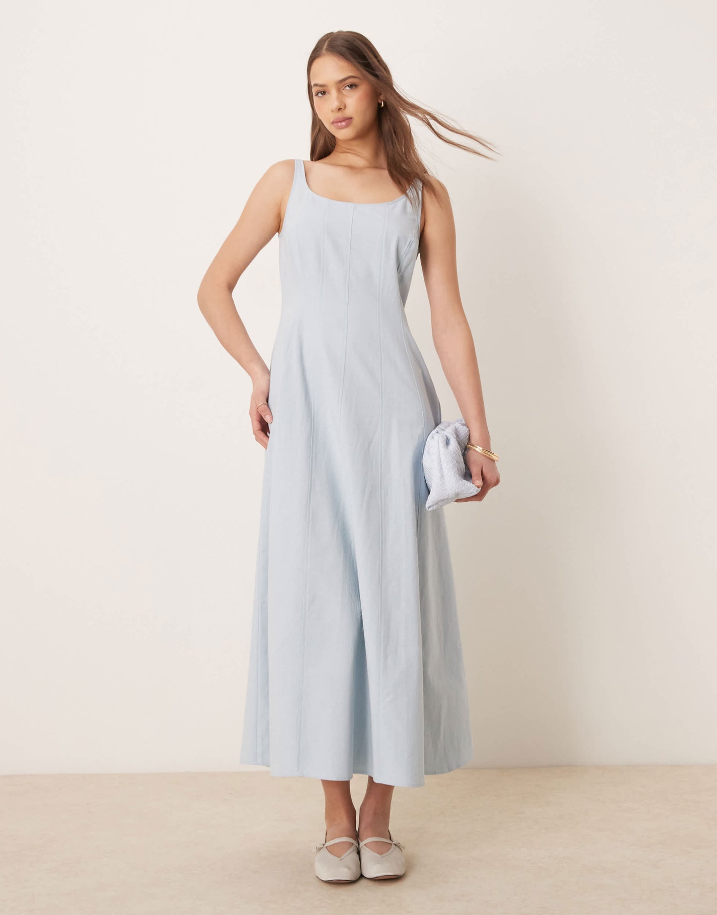 ASOS DESIGN square neck cotton linen maxi dress with seam detail in washed blue