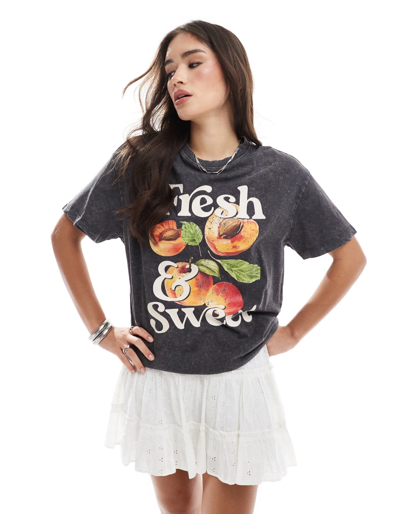 New Look peaches print oversized acid wash t-shirt in grey