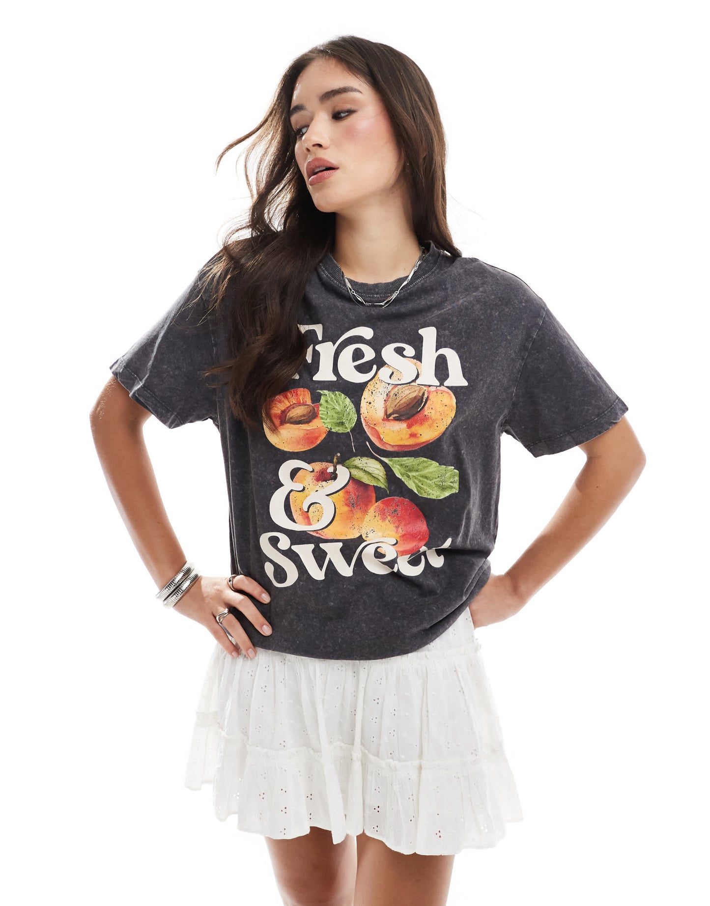New Look peaches print oversized acid wash t-shirt in grey