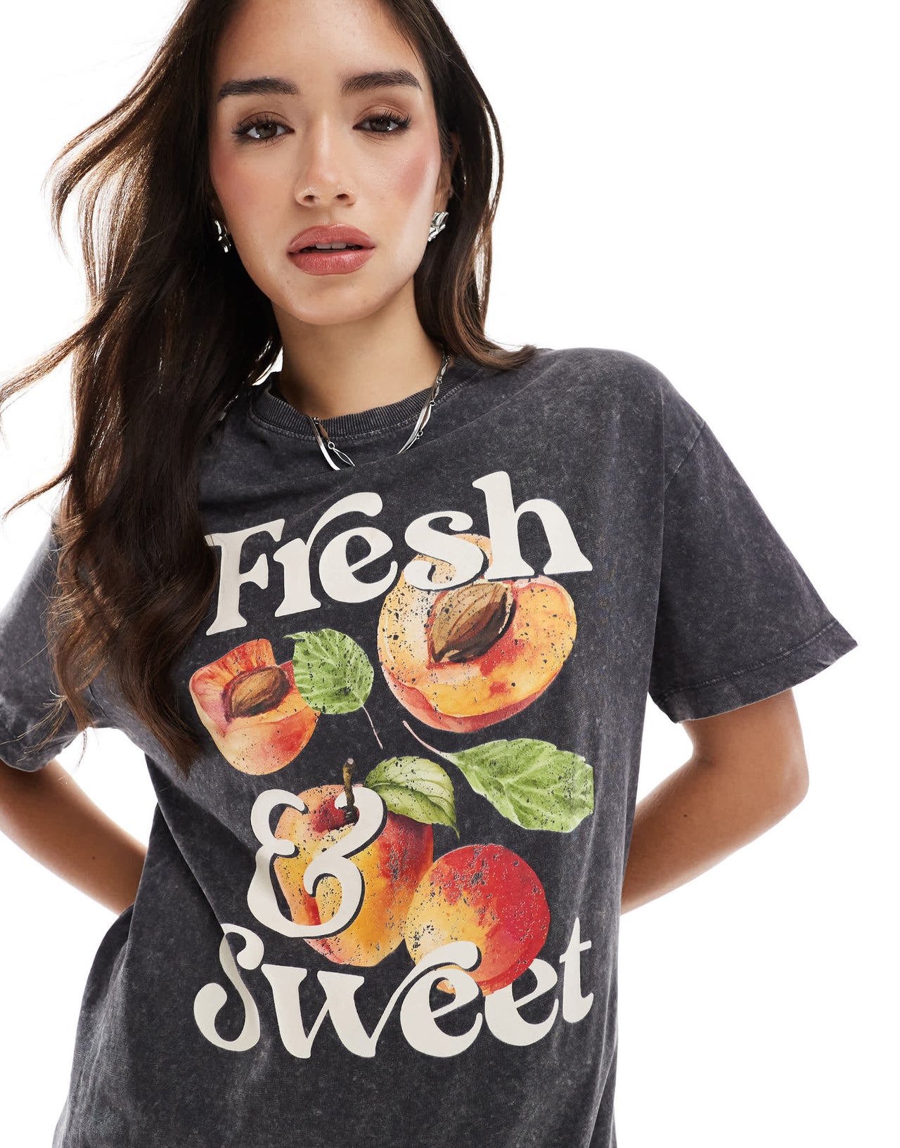 New Look peaches print oversized acid wash t-shirt in grey