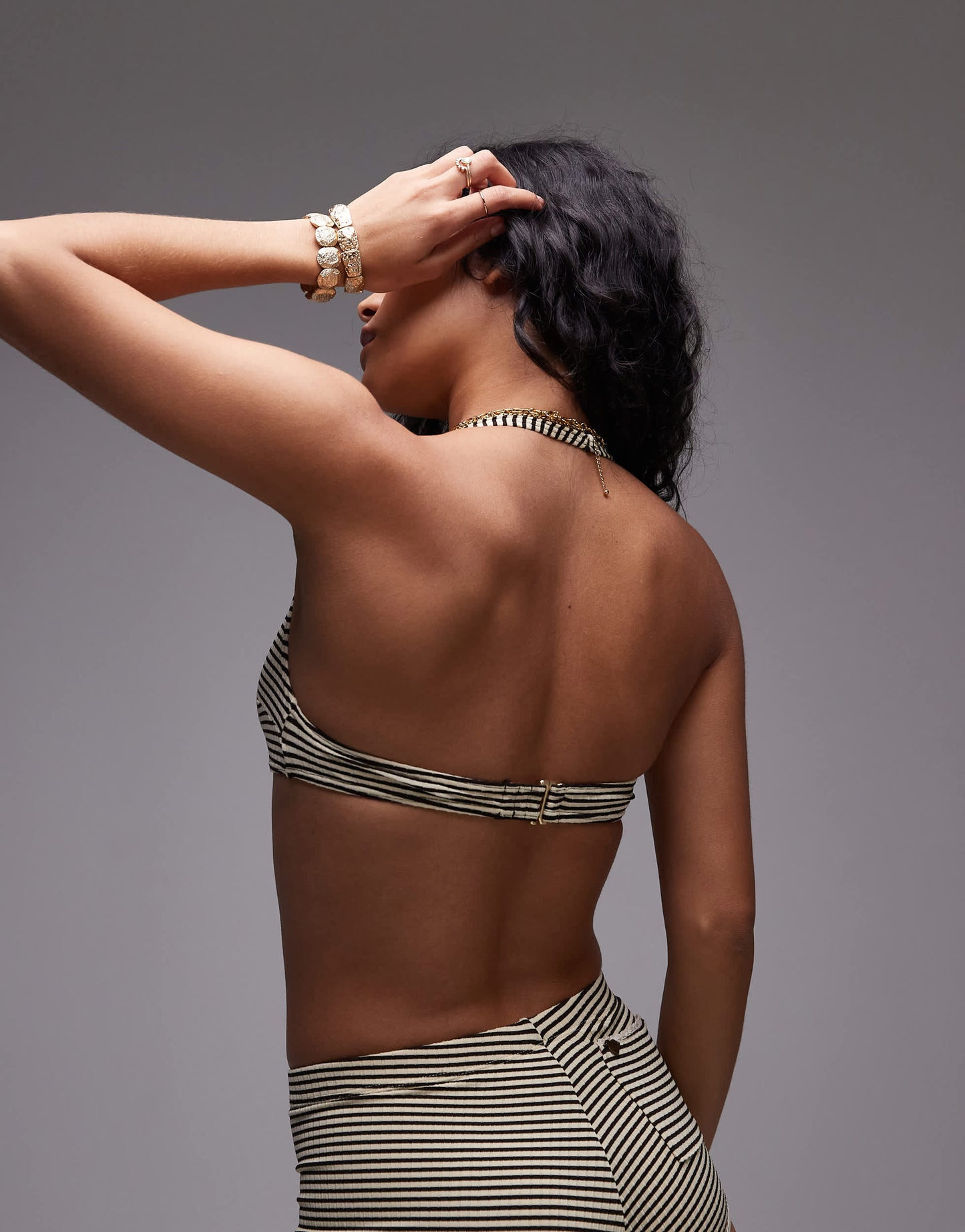 Frankie's Bikinis X Bella Hadid halterneck stripe bikini top with heart detail in brown