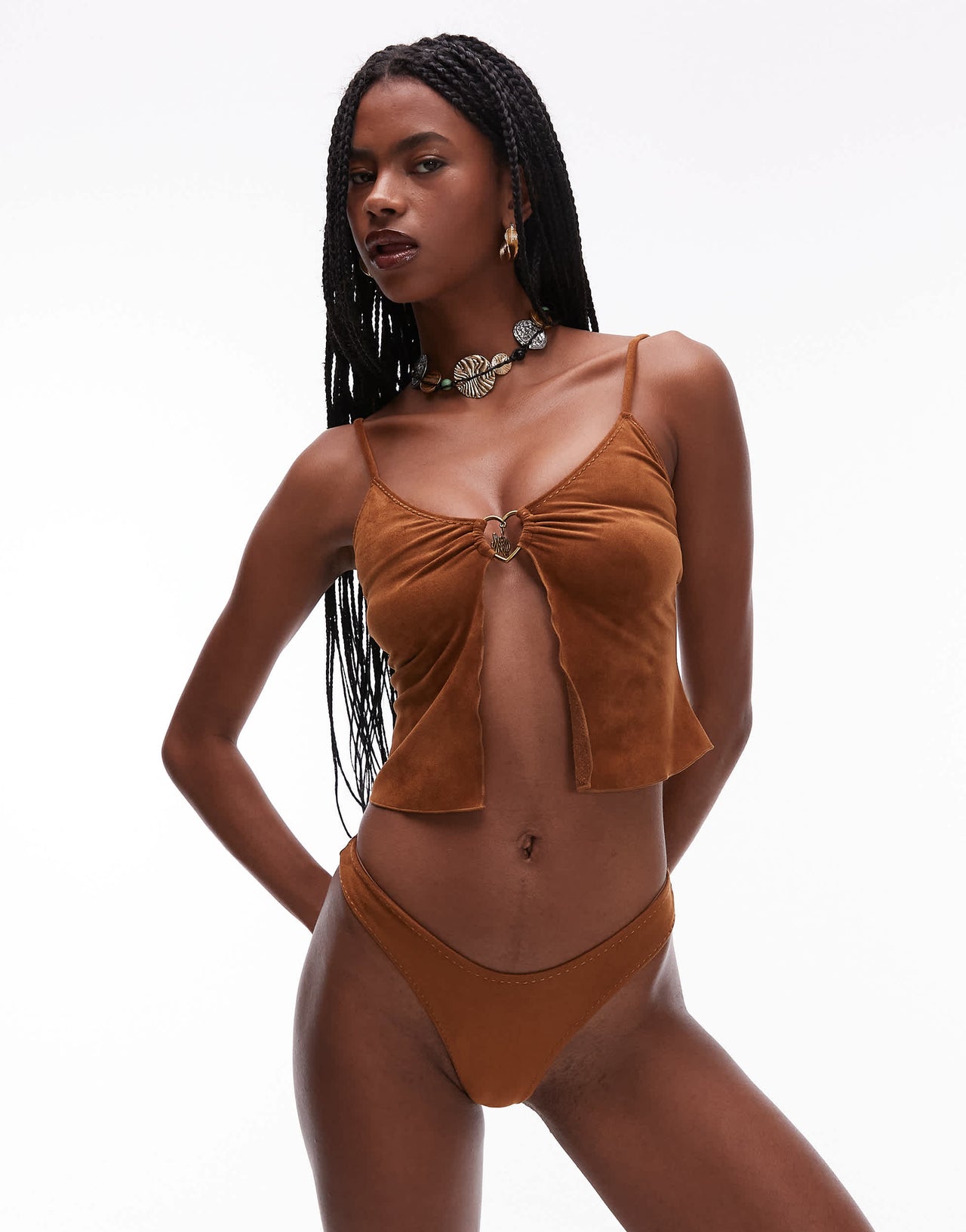 Frankie's Bikinis X Bella Hadid suede bikini tank top with heart detail in tan