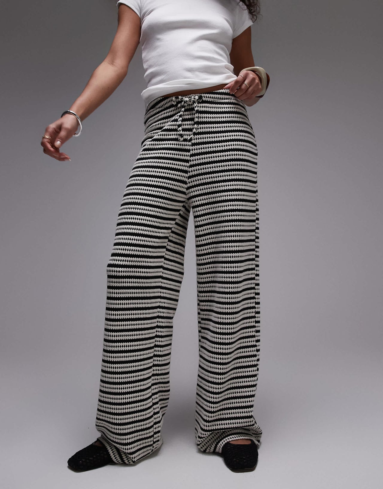 Topshop textured stripe wide leg trousers in monochrome