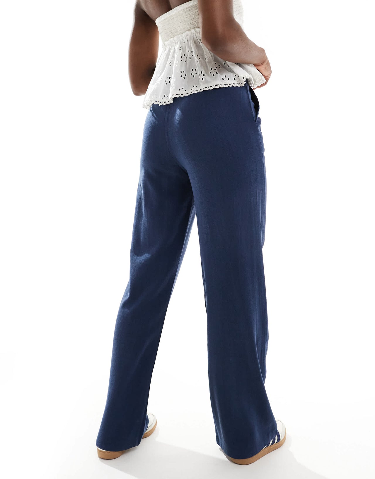 Stradivarius linen look pull on trouser in navy