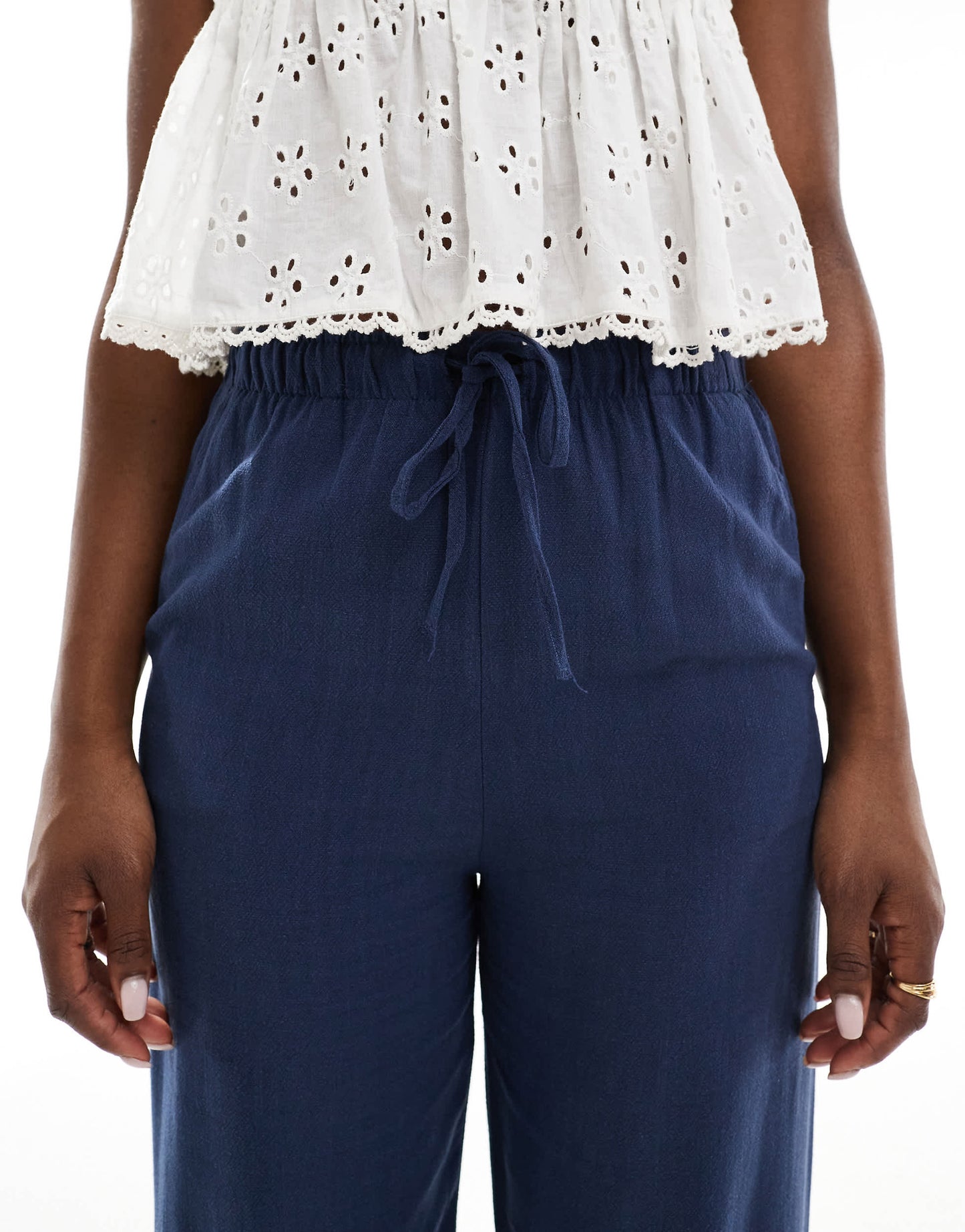 Stradivarius linen look pull on trouser in navy