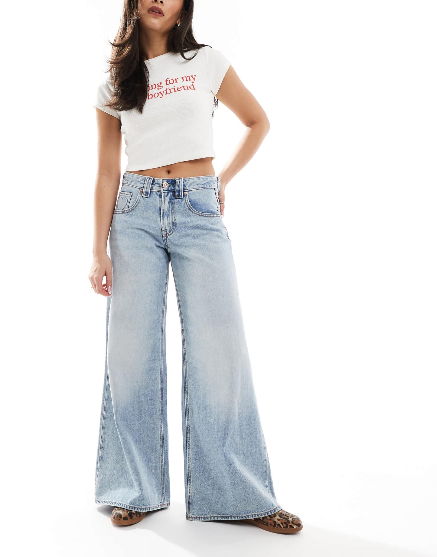 Stradivarius wide leg heart detail jean in light wash blue