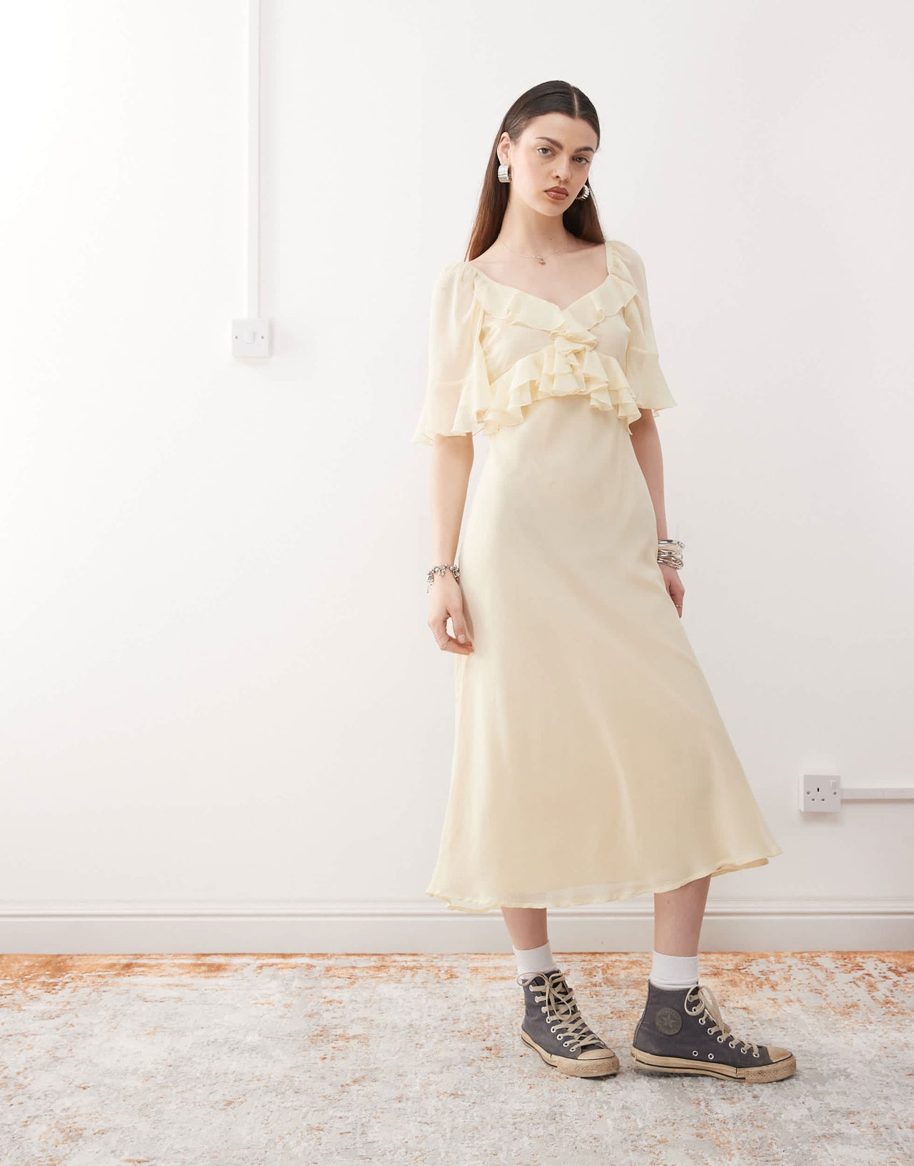 Reclaimed Vintage ruffle maxi dress in buttermilk yellow chiffon