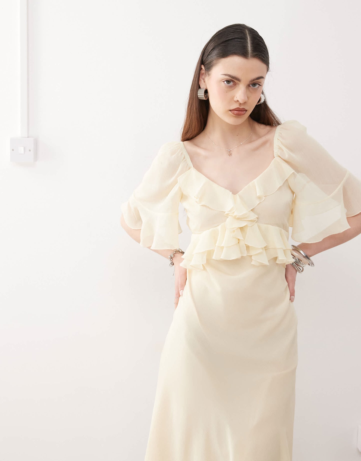 Reclaimed Vintage ruffle maxi dress in buttermilk yellow chiffon