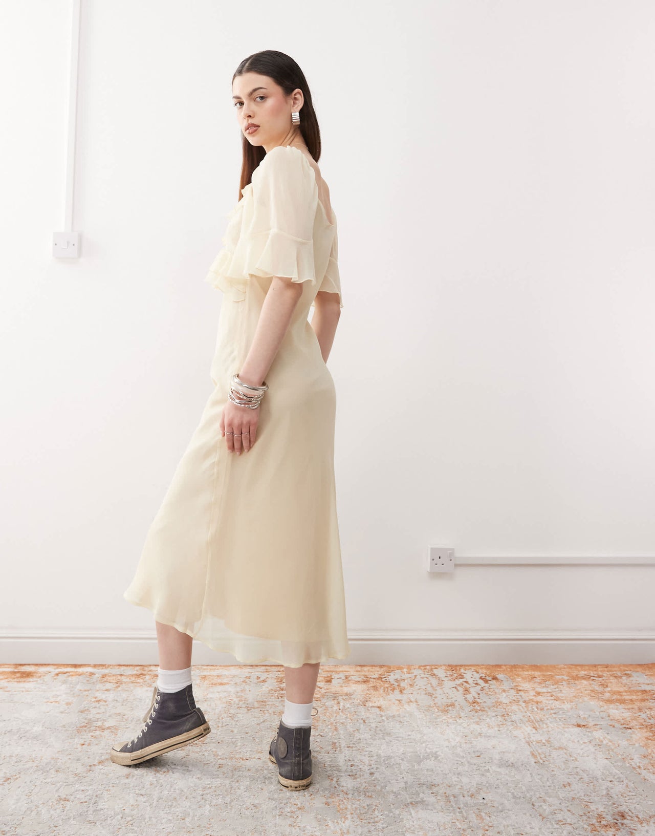Reclaimed Vintage ruffle maxi dress in buttermilk yellow chiffon