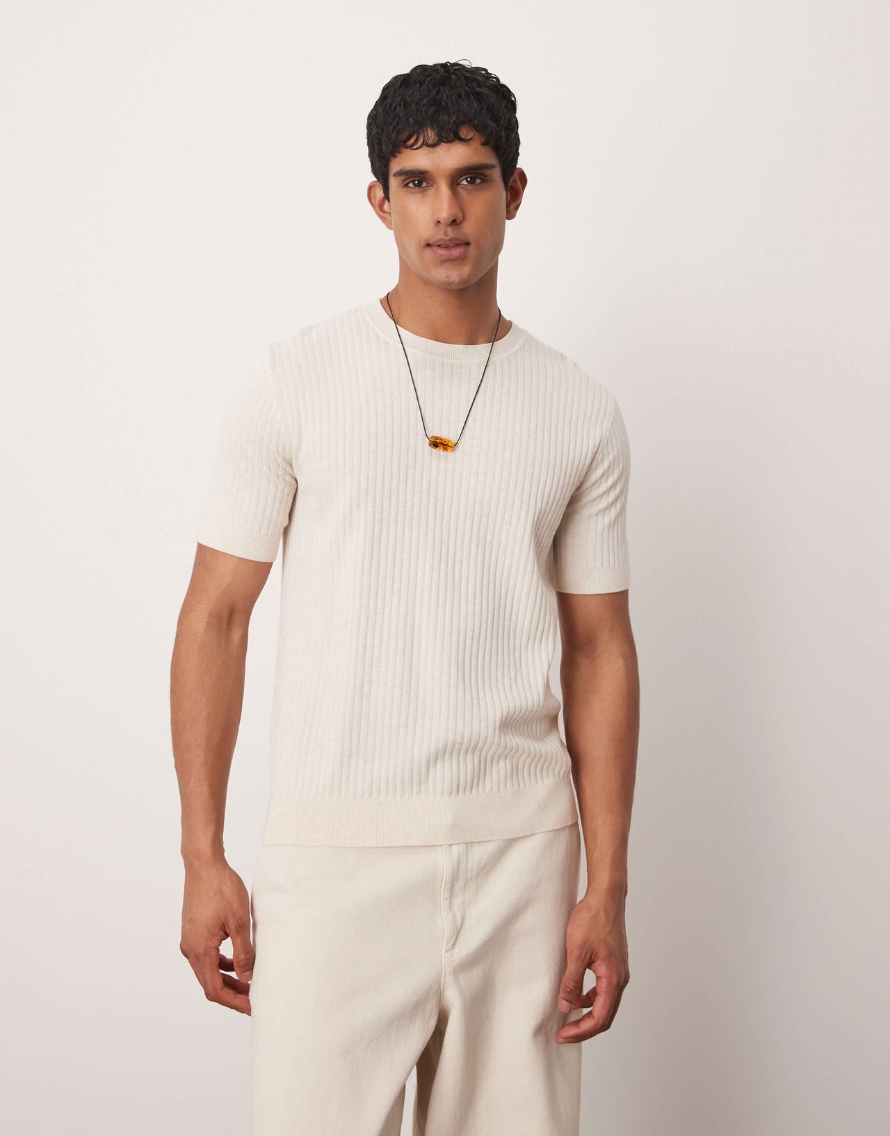 Mango ribbed knitted t-shirt in neutral