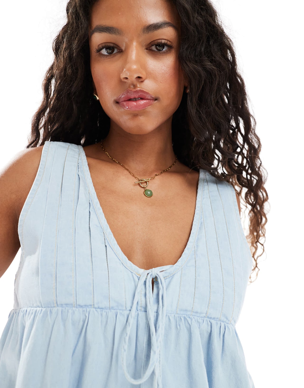 Miss Selfridge denim playsuit with pintuck detail in bleach wash