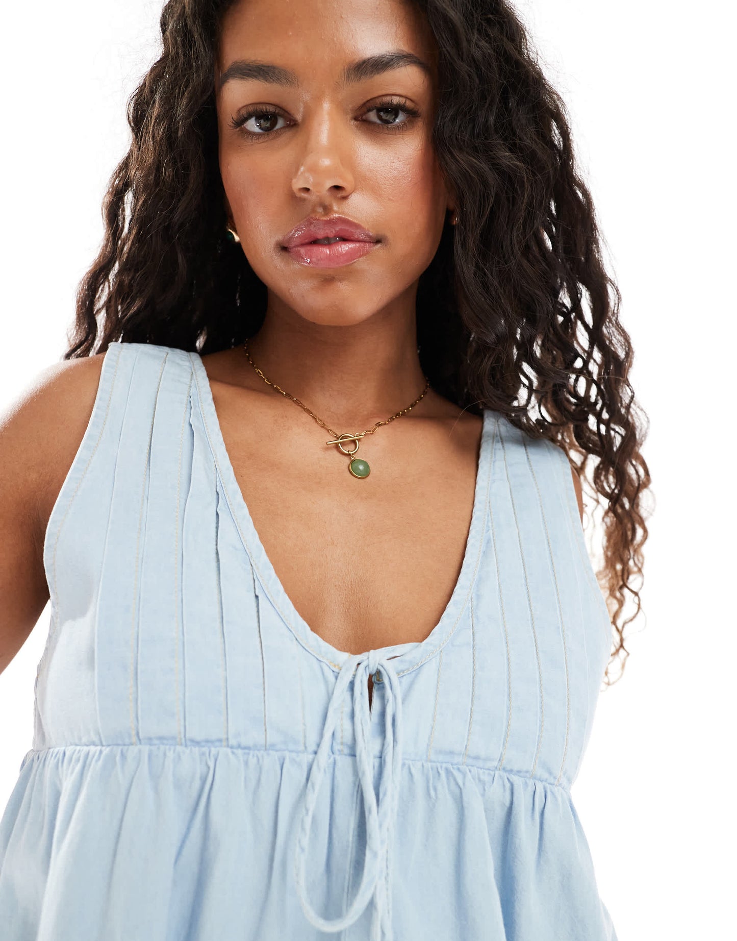 Miss Selfridge denim playsuit with pintuck detail in bleach wash