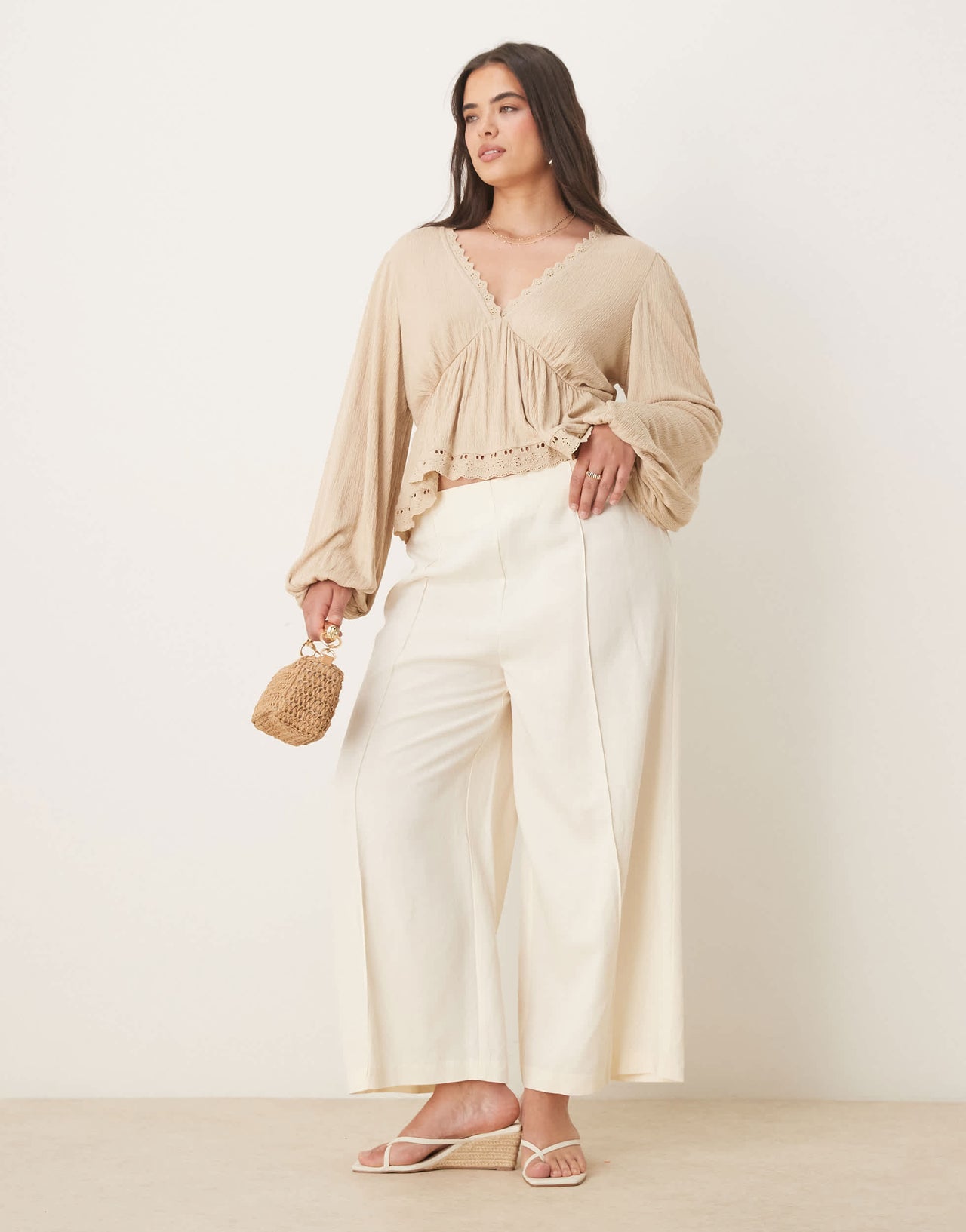 ASOS DESIGN Curve tailored culotte trousers with linen in ivory - STONE