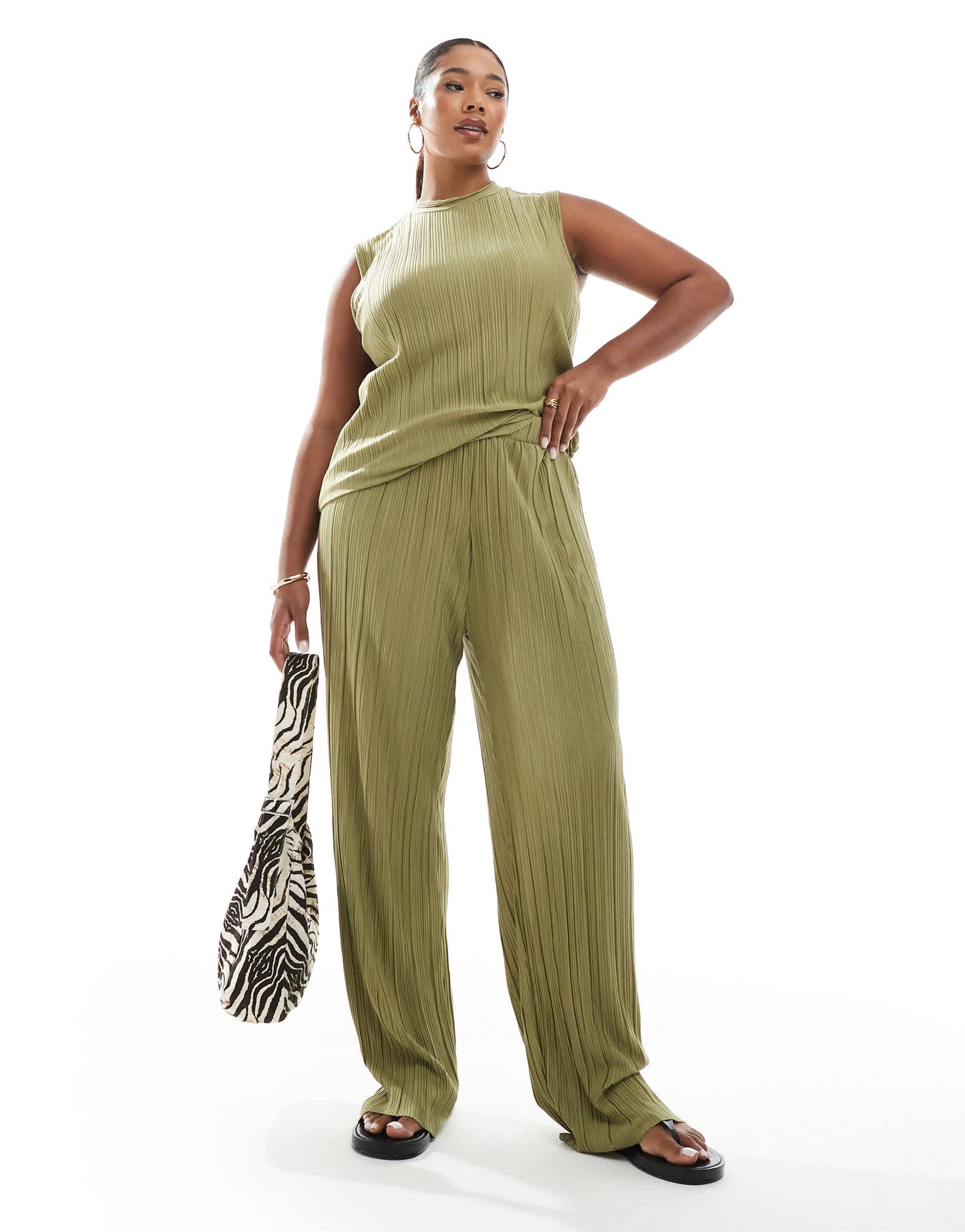 Vero Moda Curve plisse trouser co-ord in khaki
