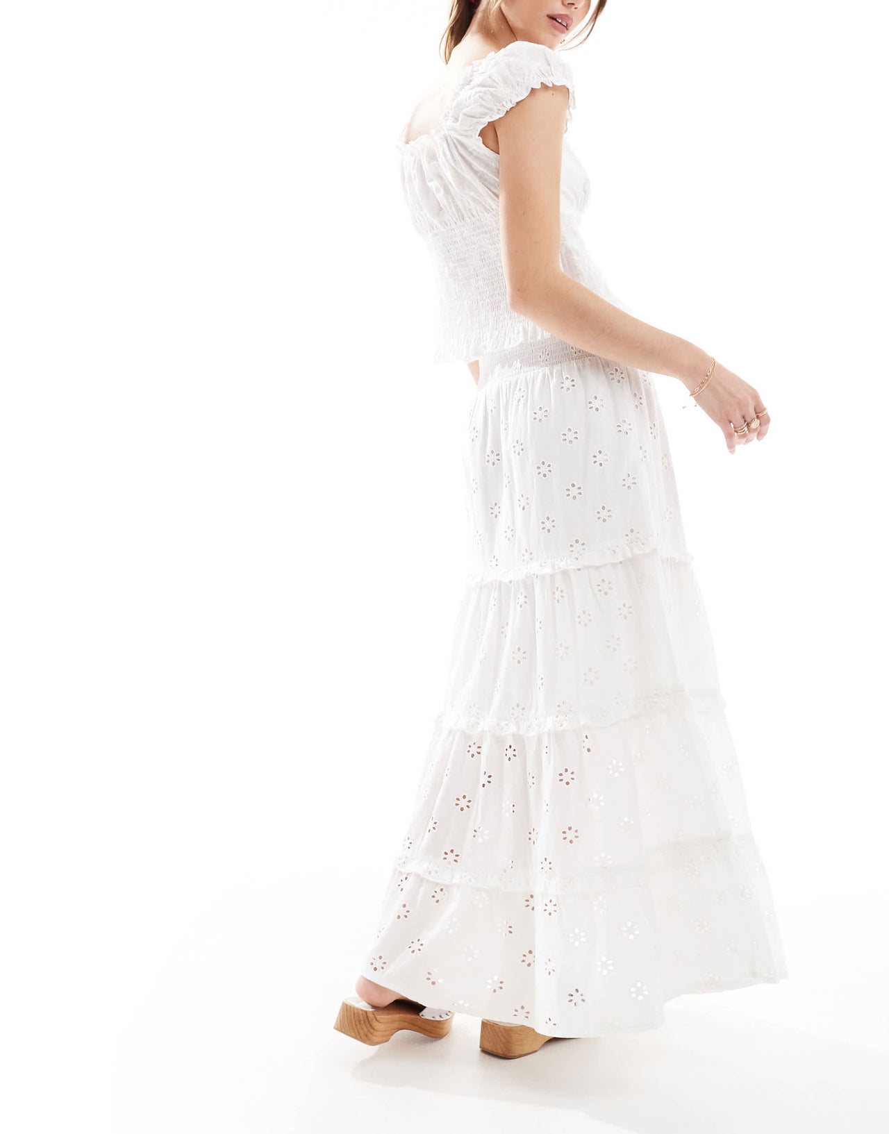 New Look shirred waist embroidered midi skirt in white