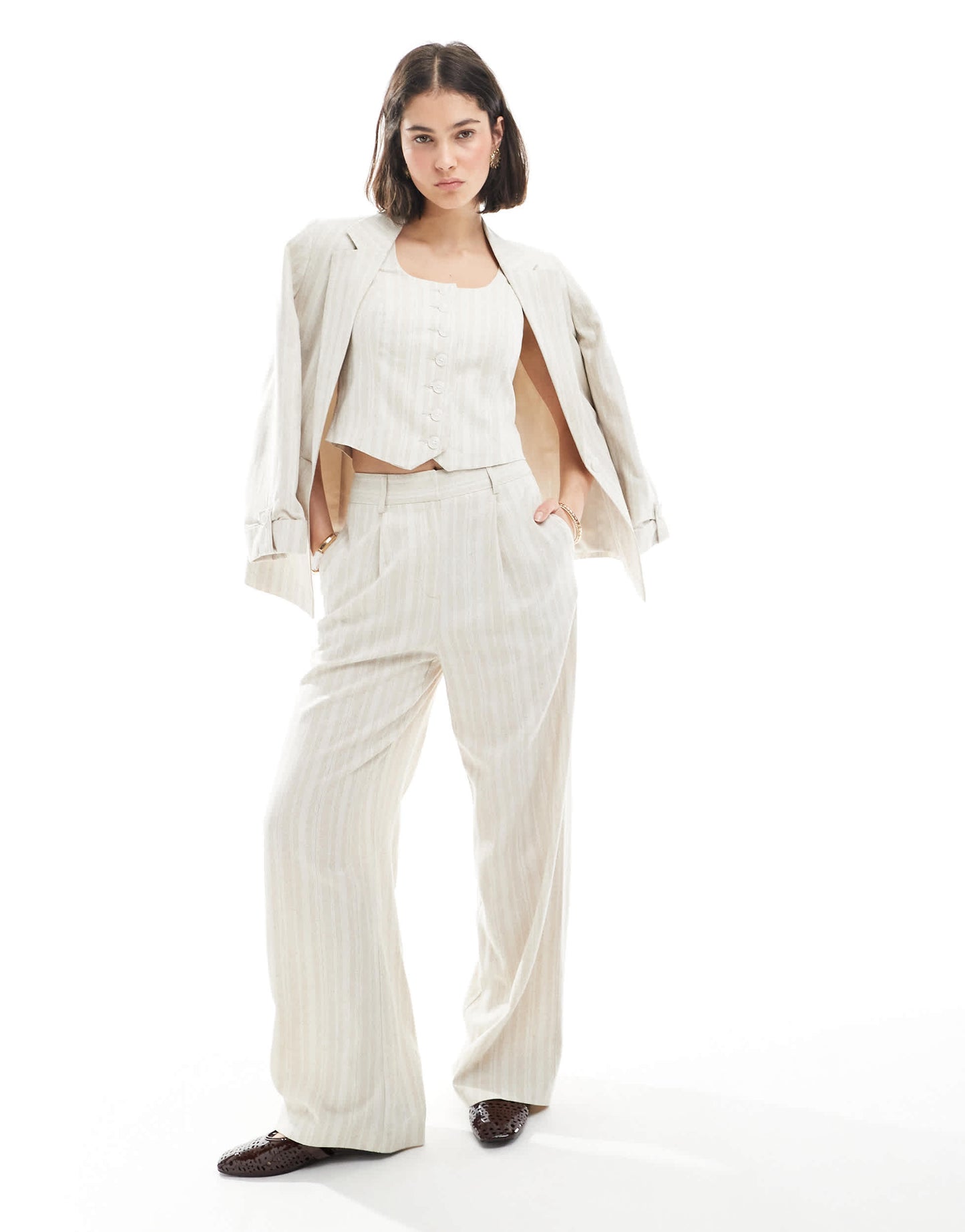 New Look co-ord linen stripe scoop neck waistcoat in cream