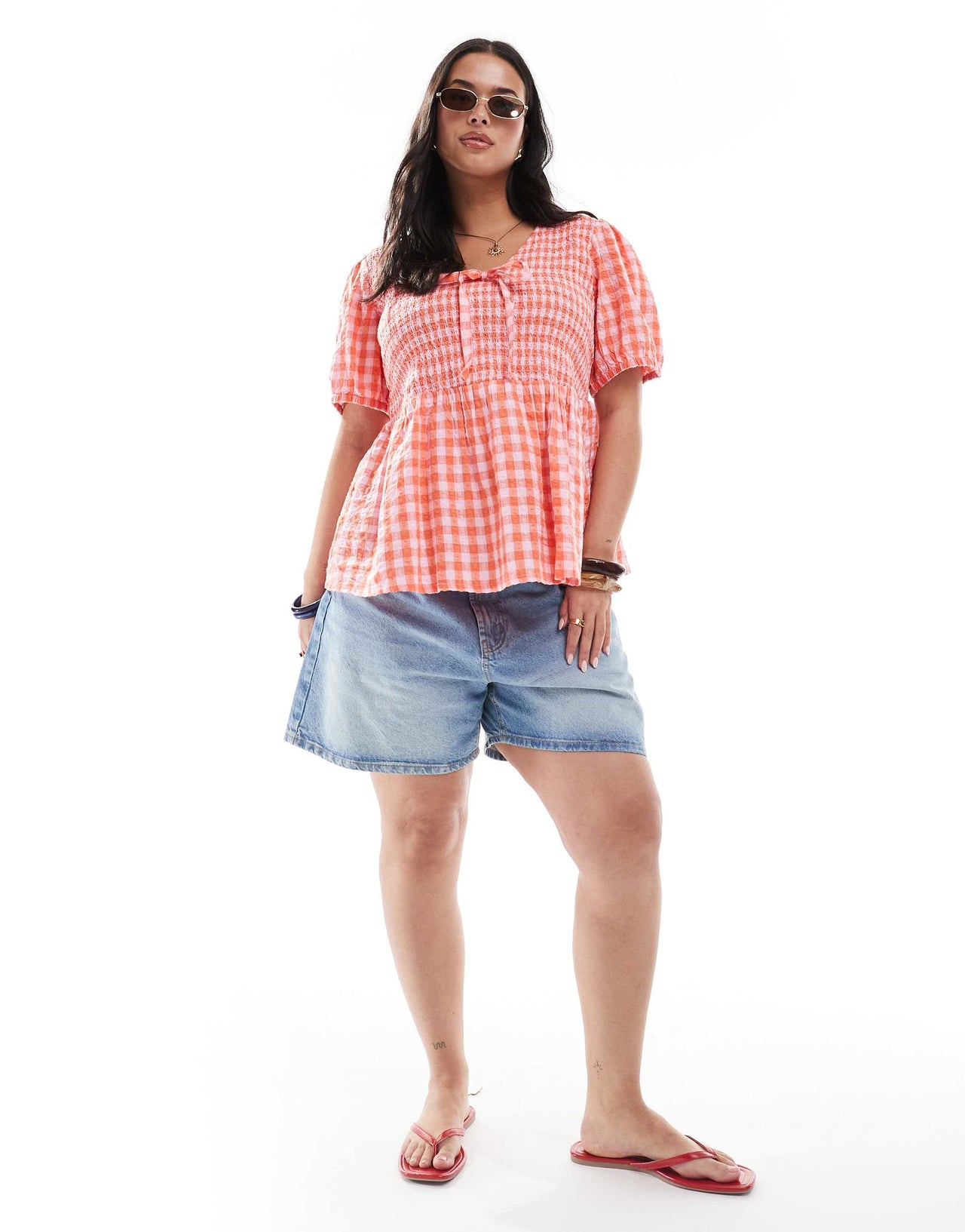 New Look Curve shirred tie front top in red gingham