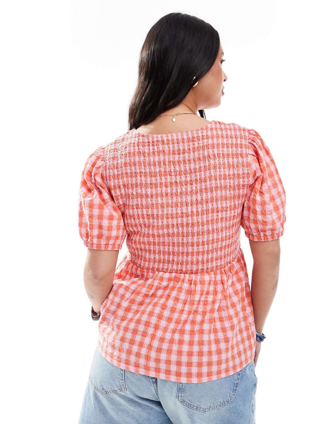 New Look Curve shirred tie front top in red gingham