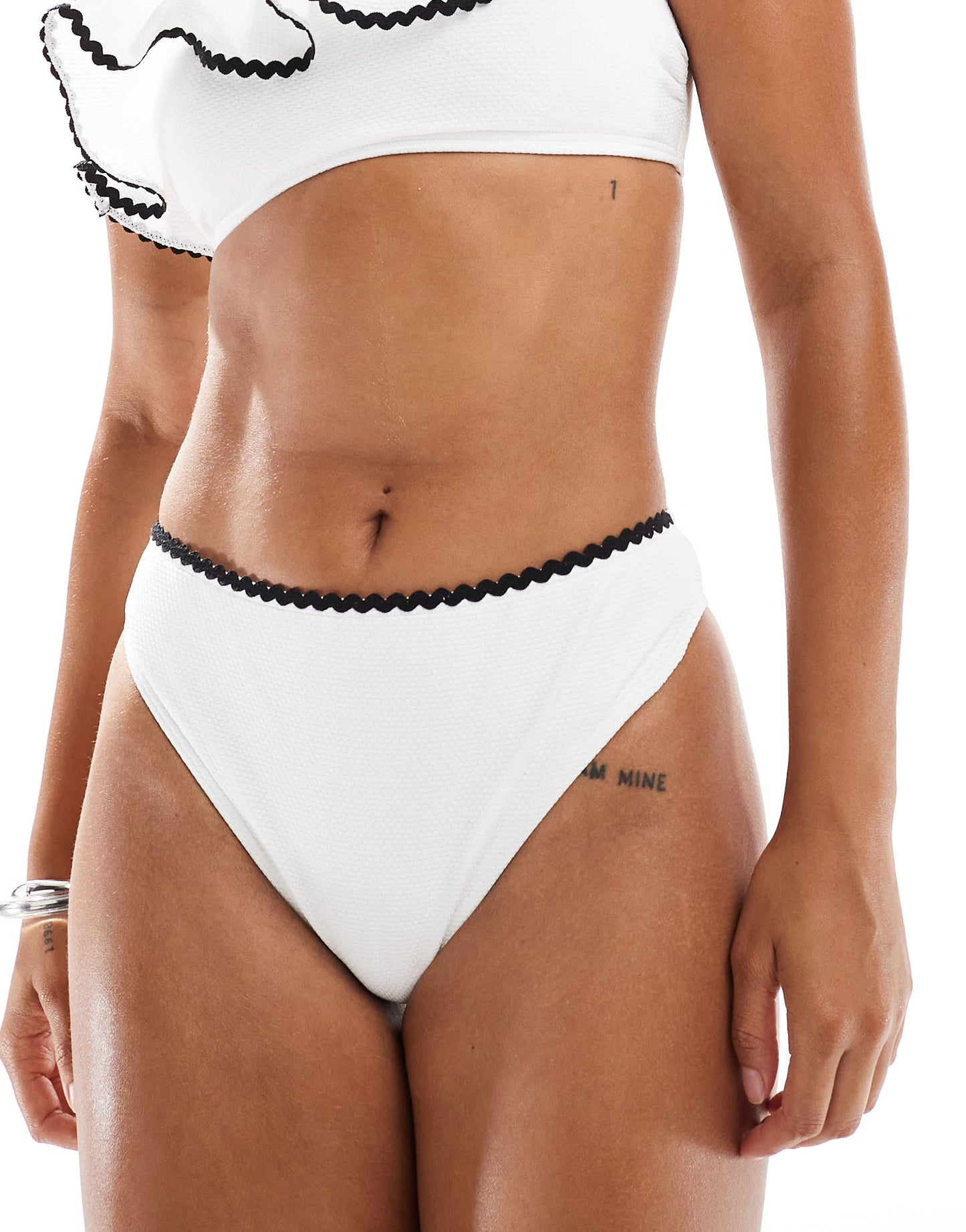 New Look one shoulder blanket stitch bikini bottoms in white