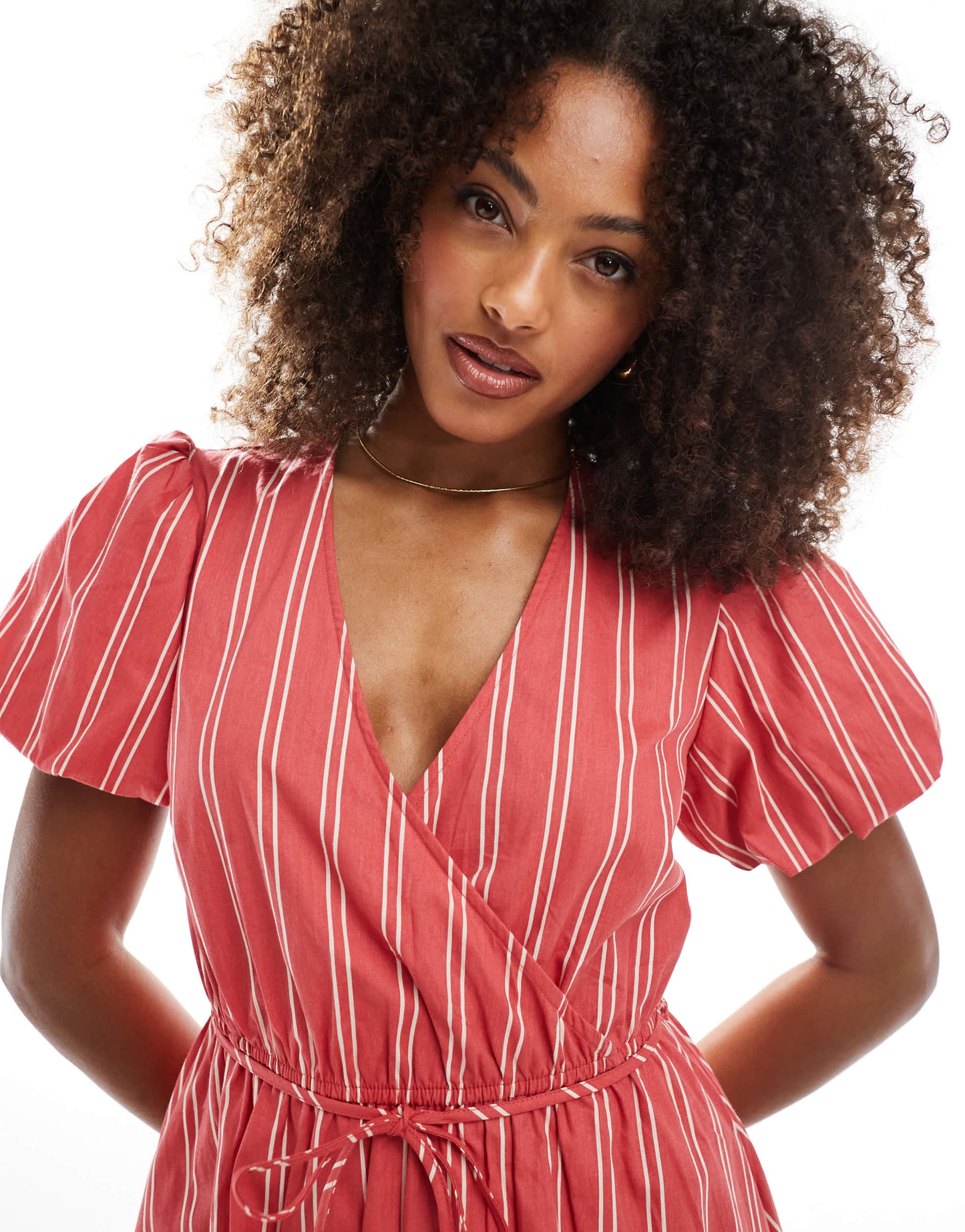 New Look puffball wrap mini dress in red stripe