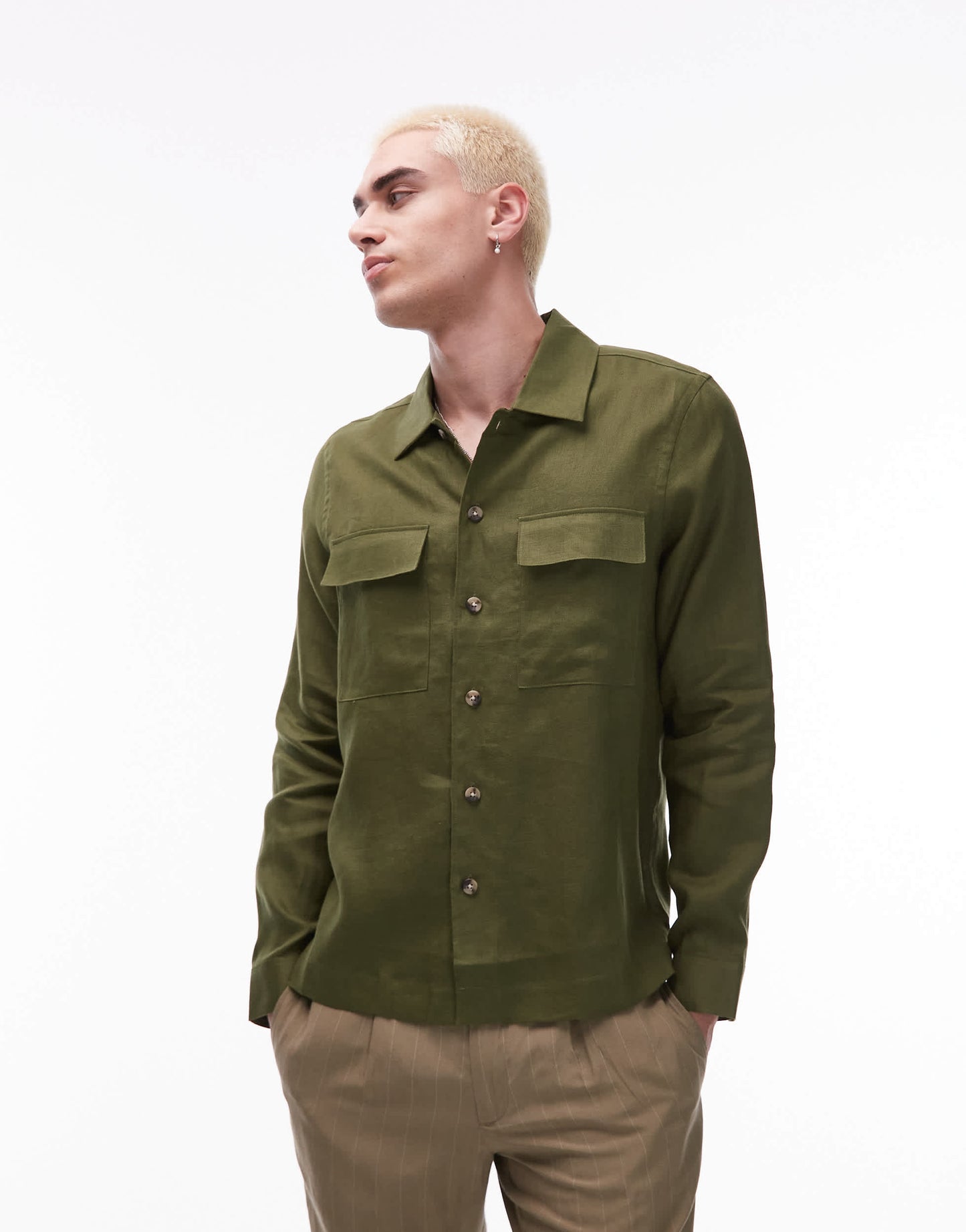 Mango premium linen shacket in pale green
