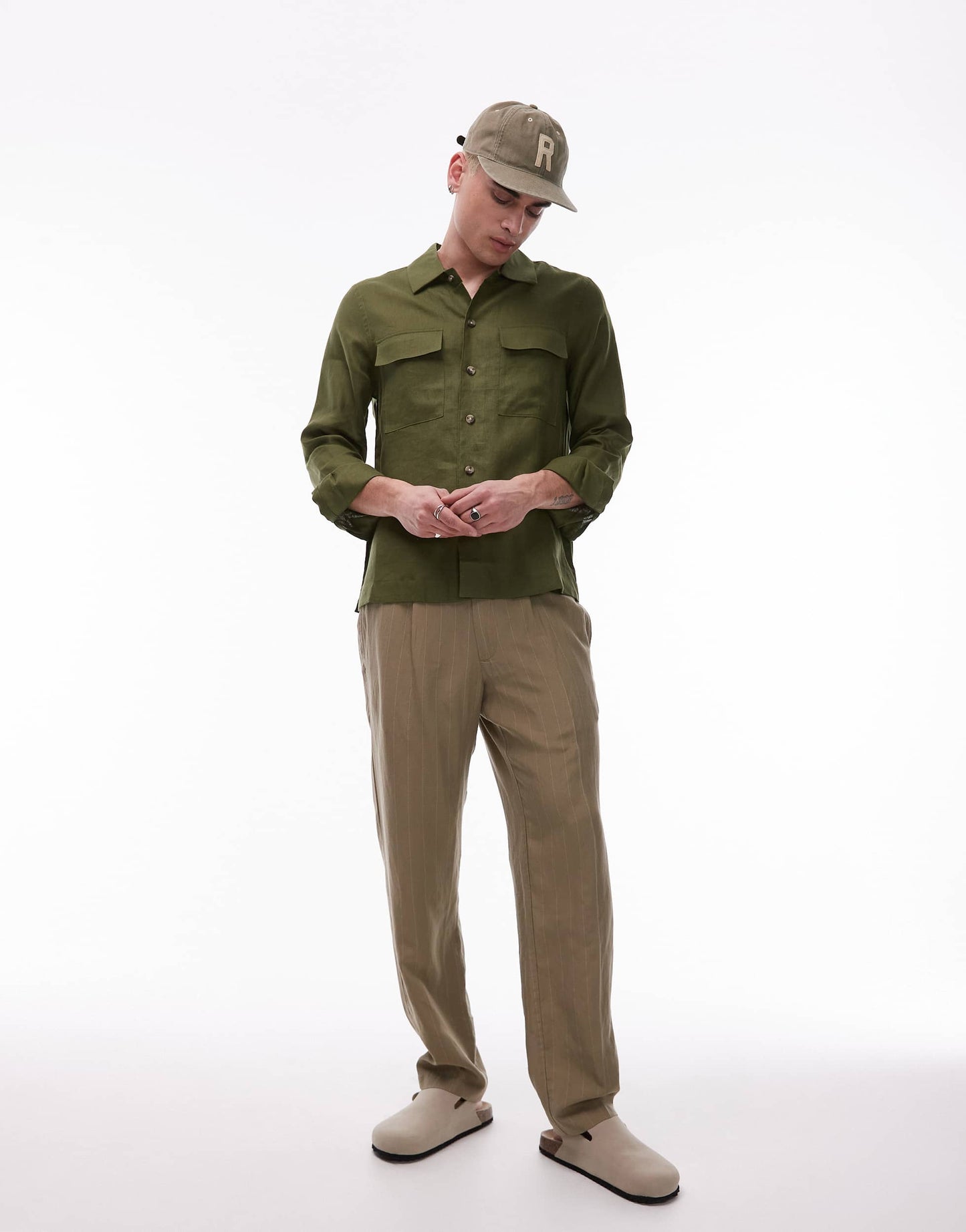 Mango premium linen shacket in pale green