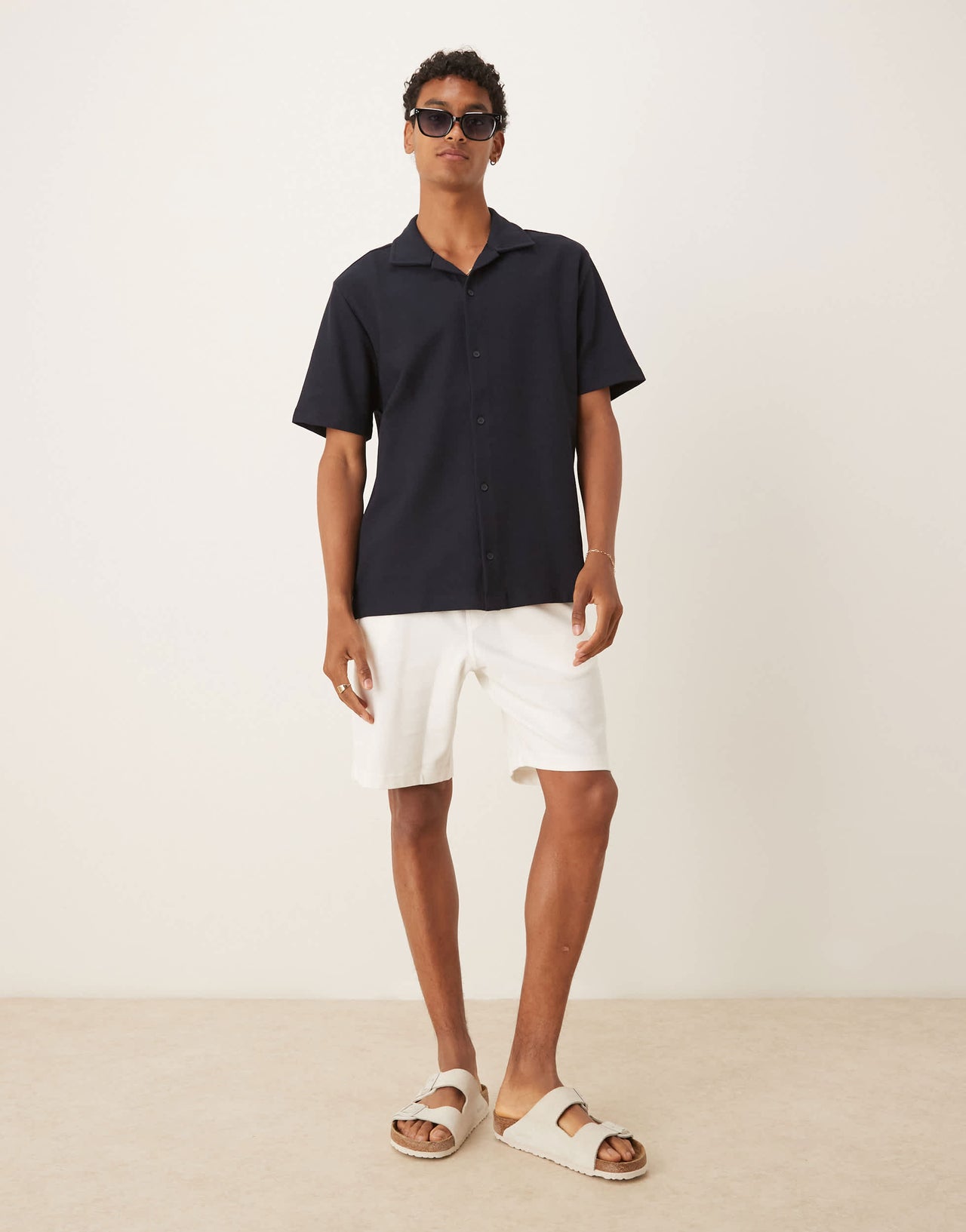 Mango cotton waffle short sleeve shirt in navy