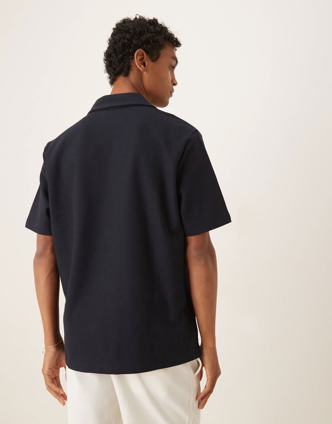 Mango cotton waffle short sleeve shirt in navy