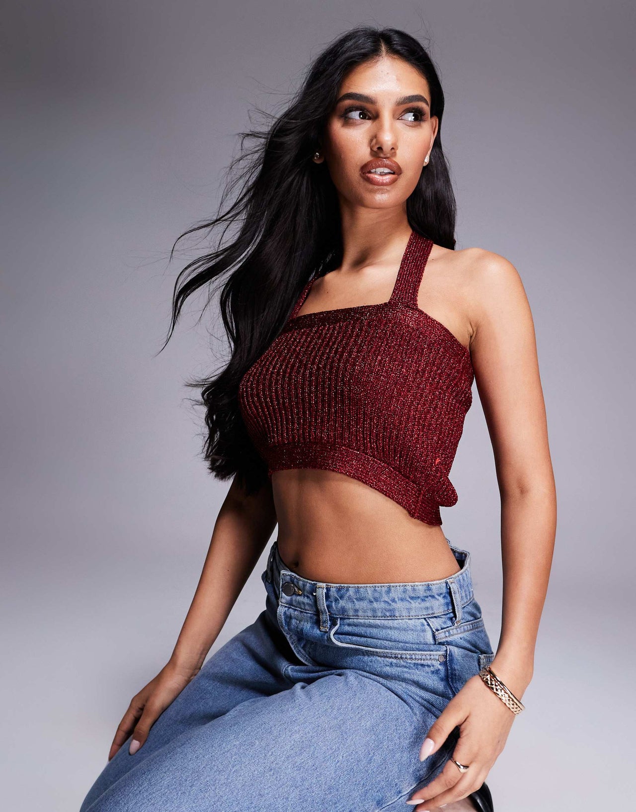 ASOS DESIGN knitted halter crop top in metallic yarn in burgundy