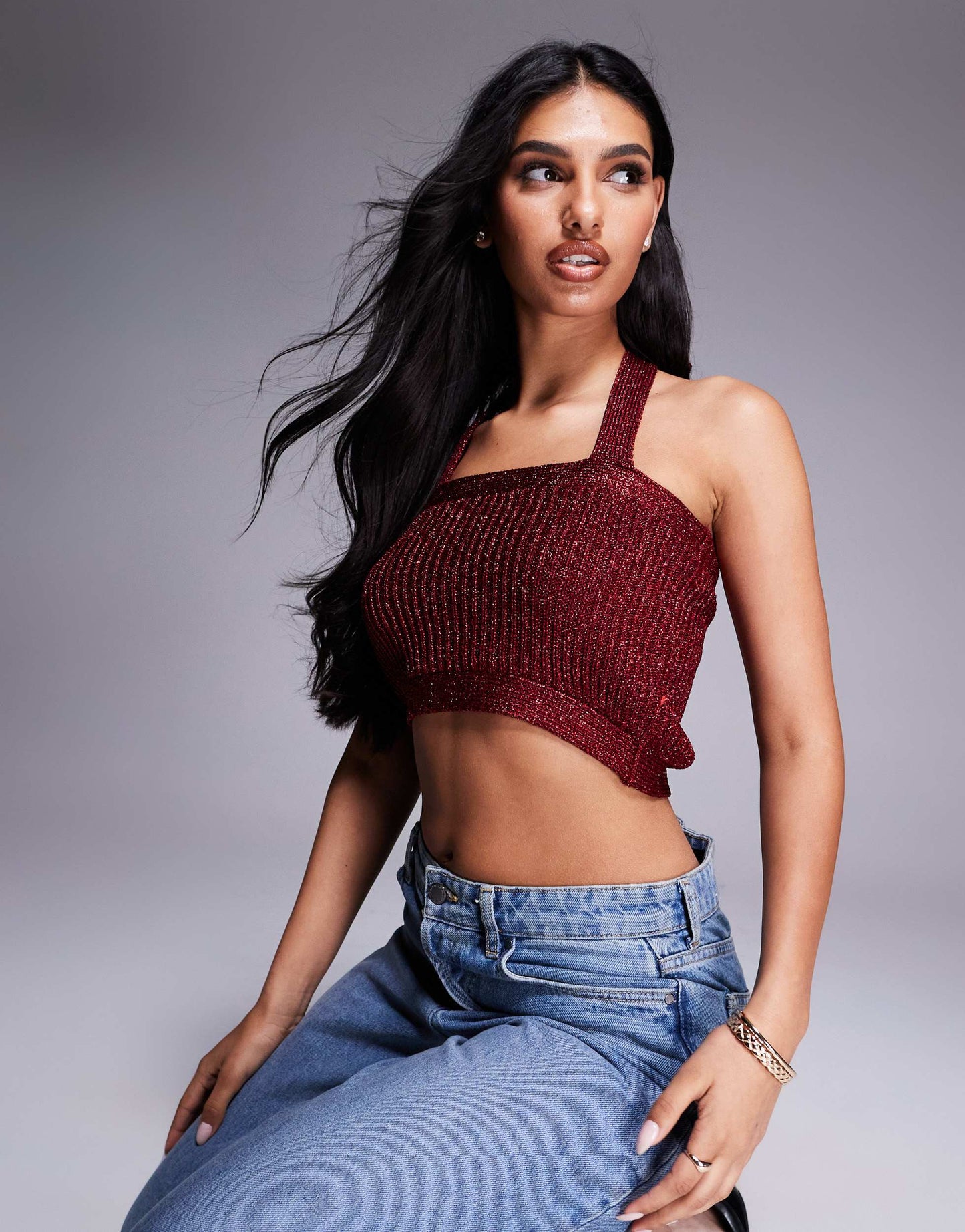 ASOS DESIGN knitted halter crop top in metallic yarn in burgundy