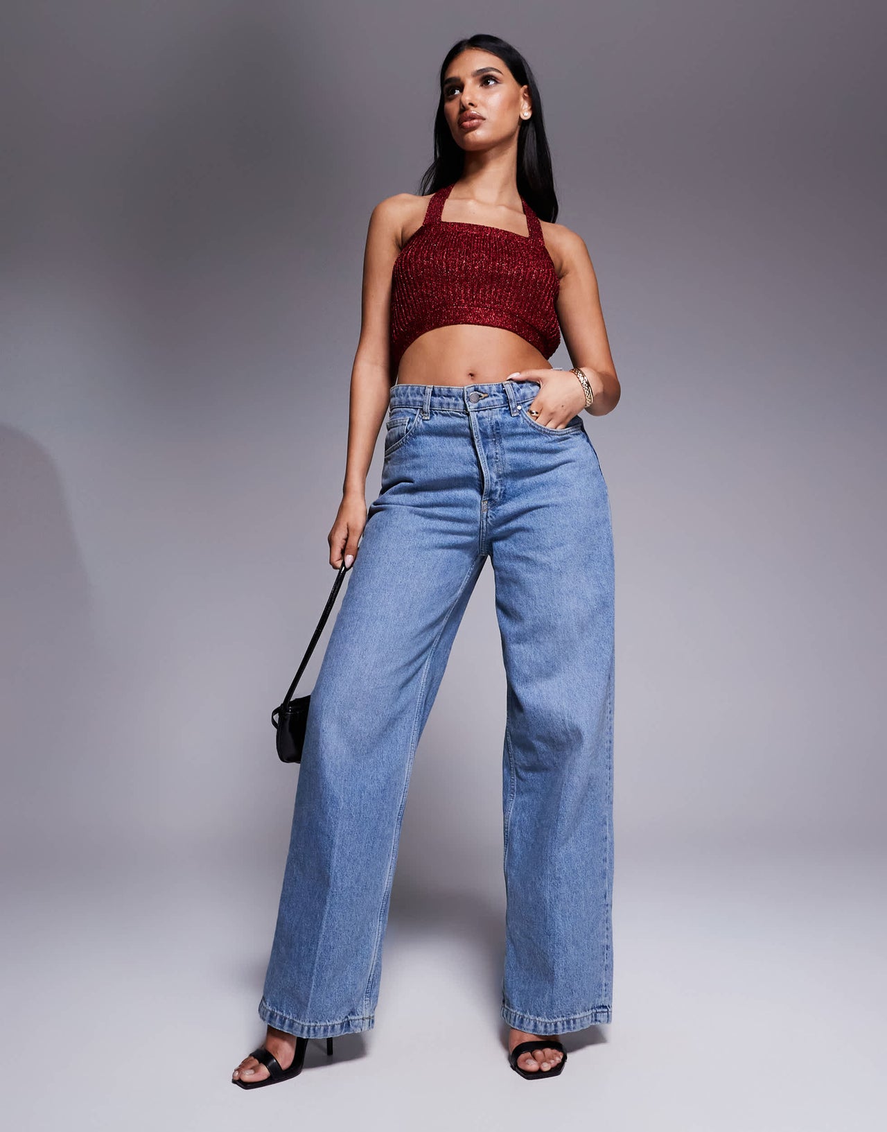ASOS DESIGN knitted halter crop top in metallic yarn in burgundy