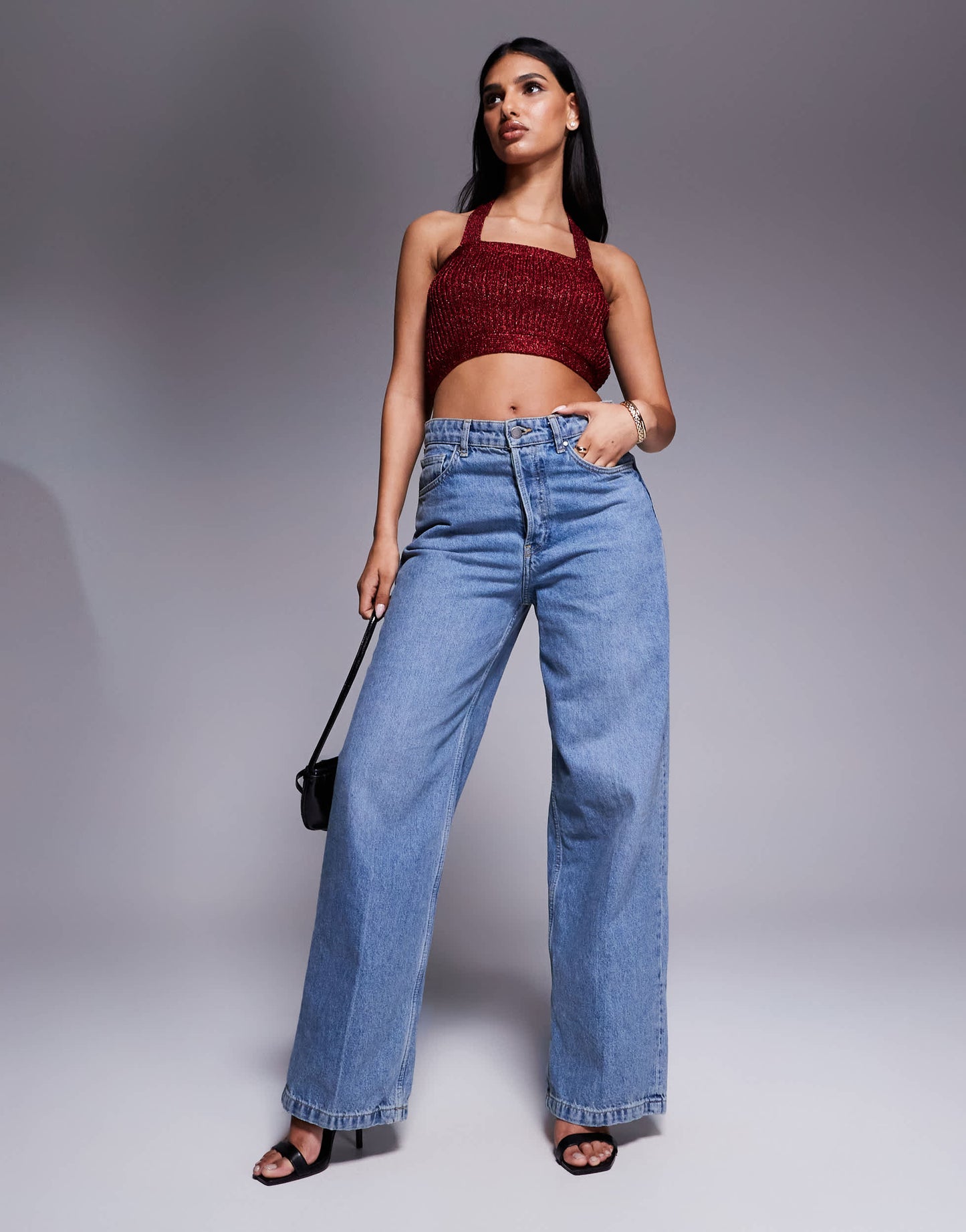 ASOS DESIGN knitted halter crop top in metallic yarn in burgundy