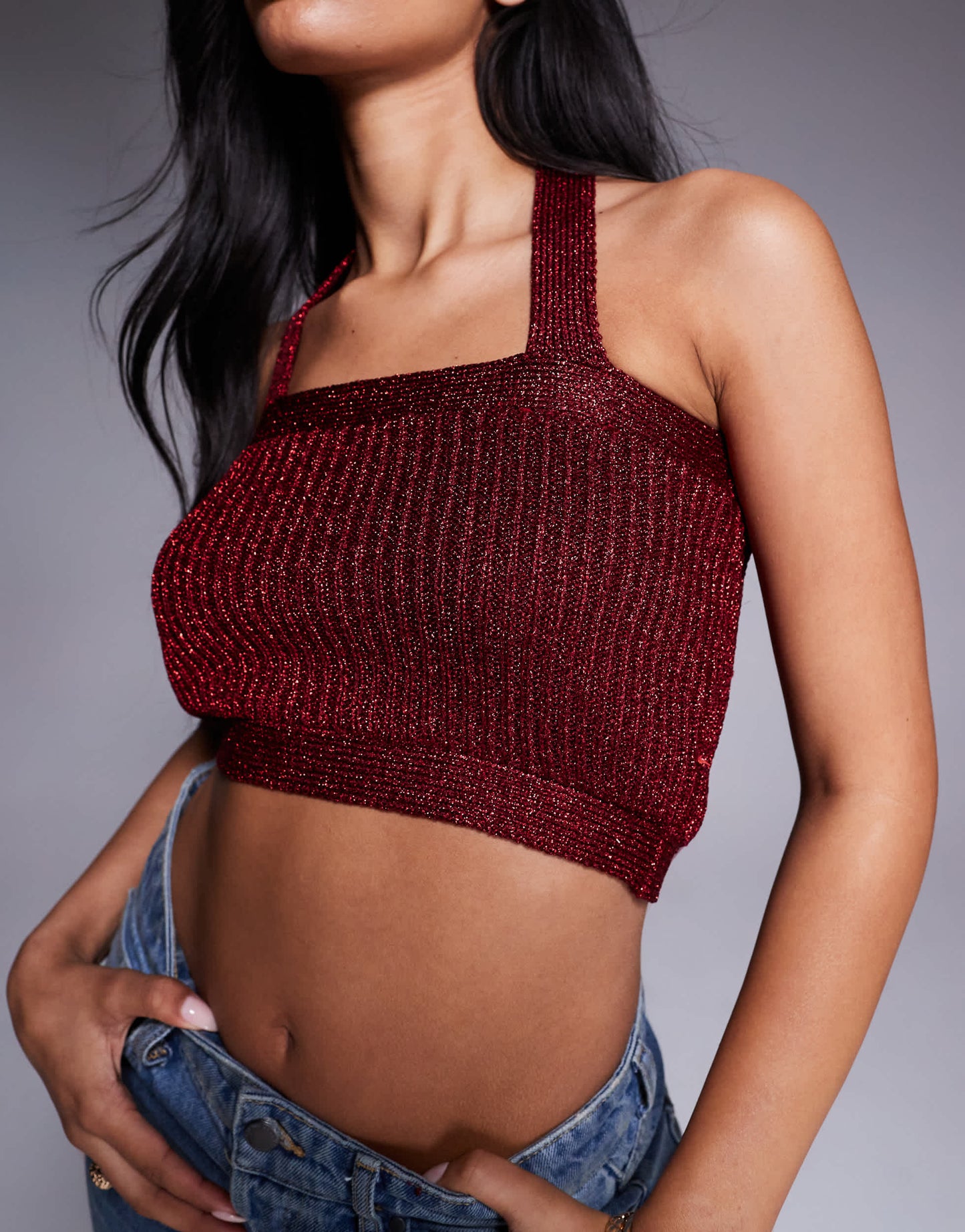 ASOS DESIGN knitted halter crop top in metallic yarn in burgundy