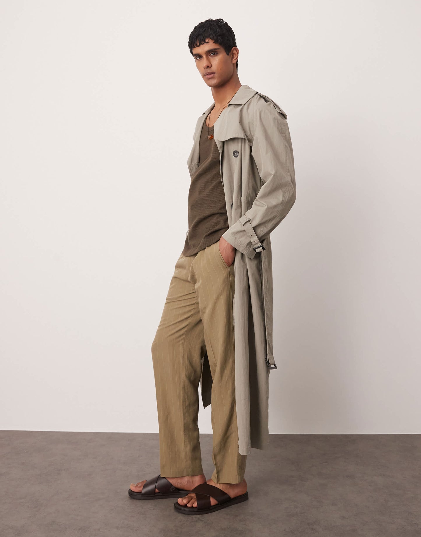 Mango linen mix thin pinstripe trousers in brown