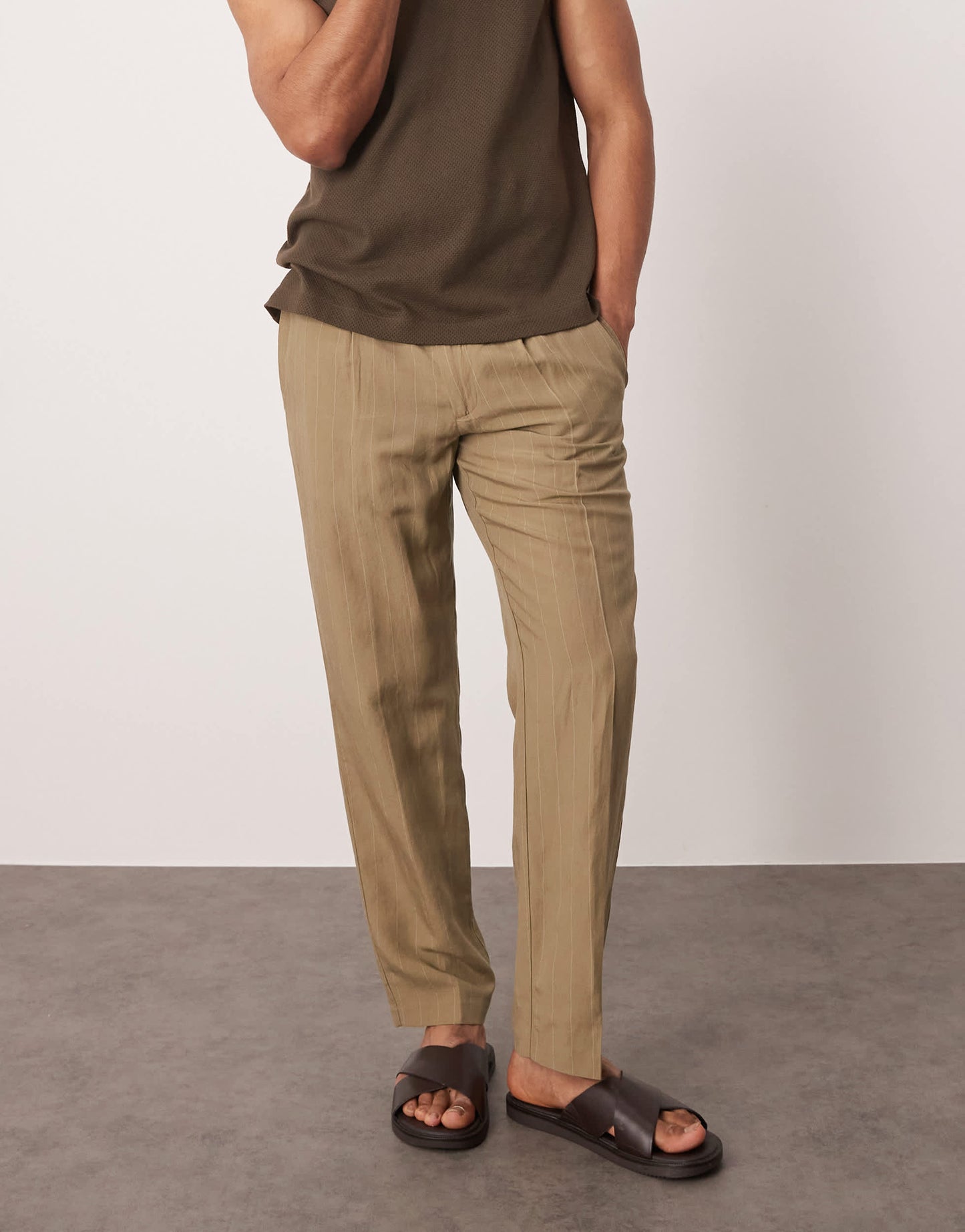 Mango linen mix thin pinstripe trousers in brown