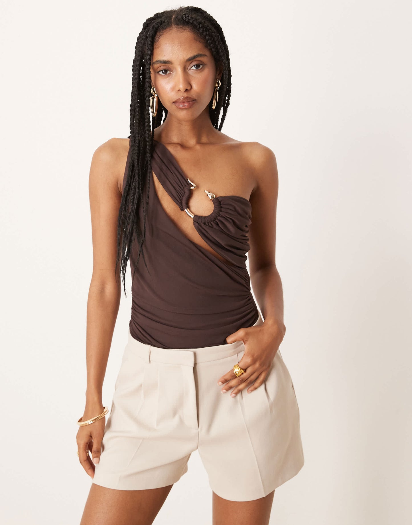 ASOS DESIGN one shoulder gold detail mesh bodysuit in chocolate