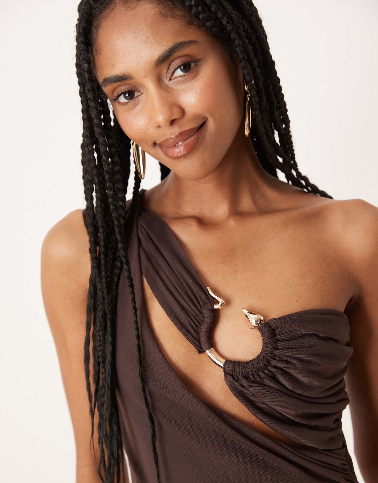 ASOS DESIGN one shoulder gold detail mesh bodysuit in chocolate