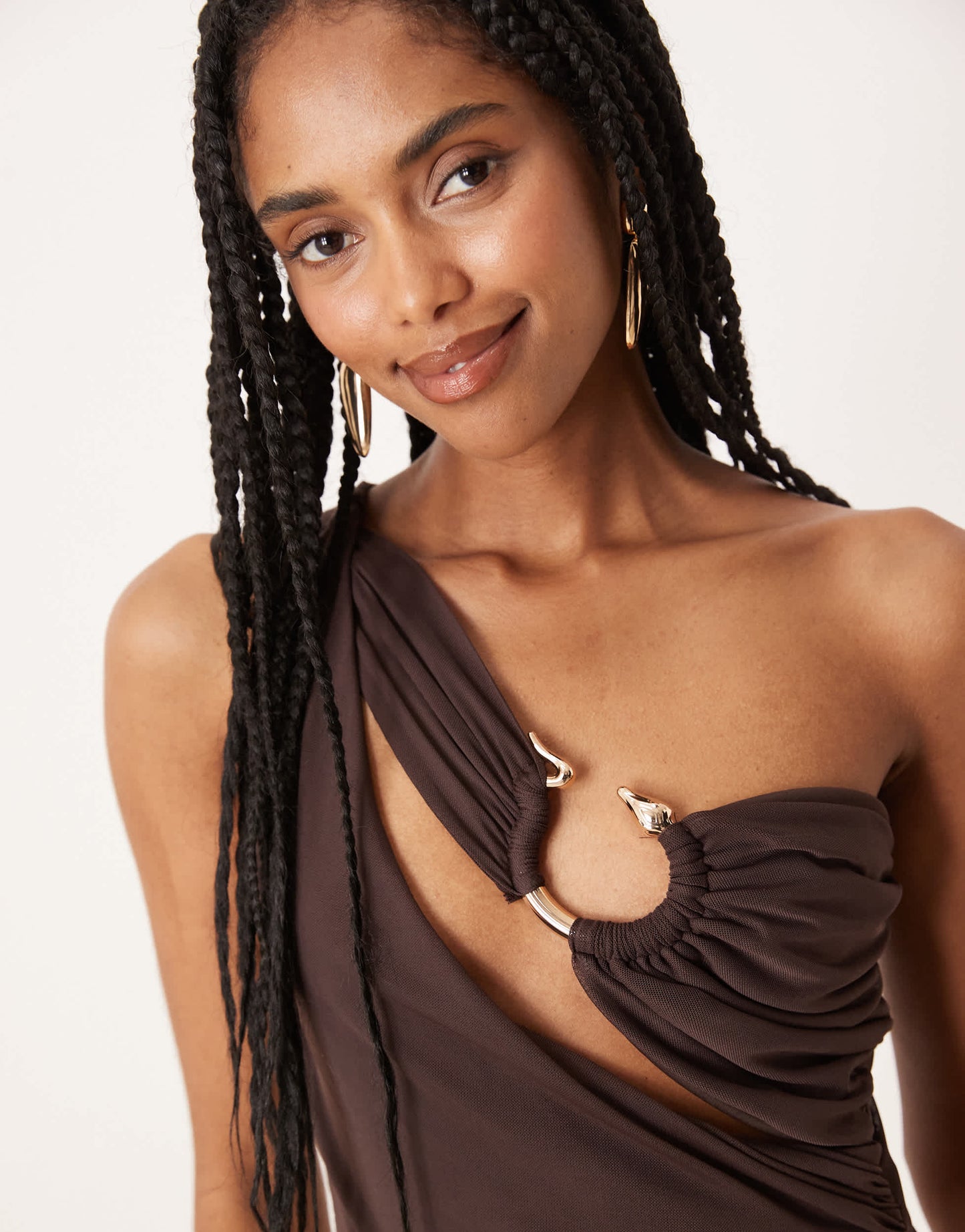 ASOS DESIGN one shoulder gold detail mesh bodysuit in chocolate
