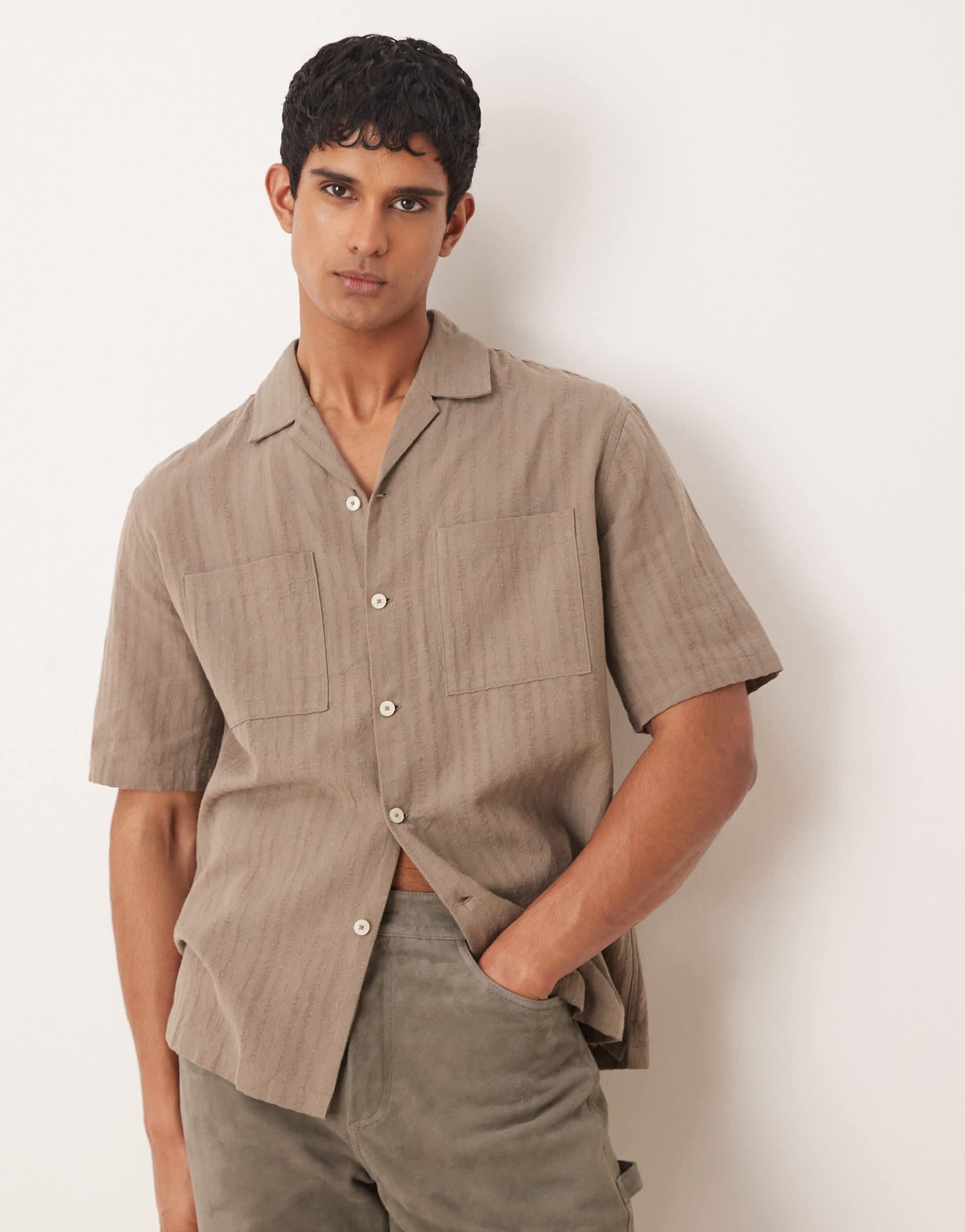 Mango linen mix textured stripe short sleeve shirt in brown