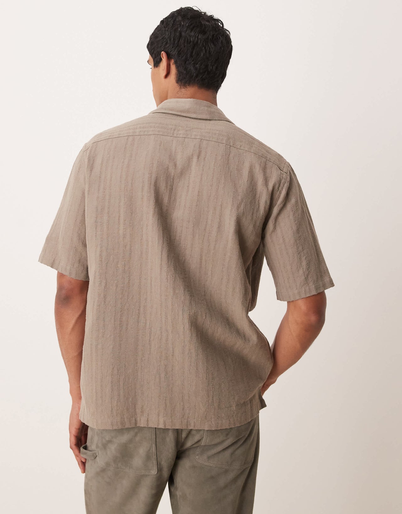 Mango linen mix textured stripe short sleeve shirt in brown