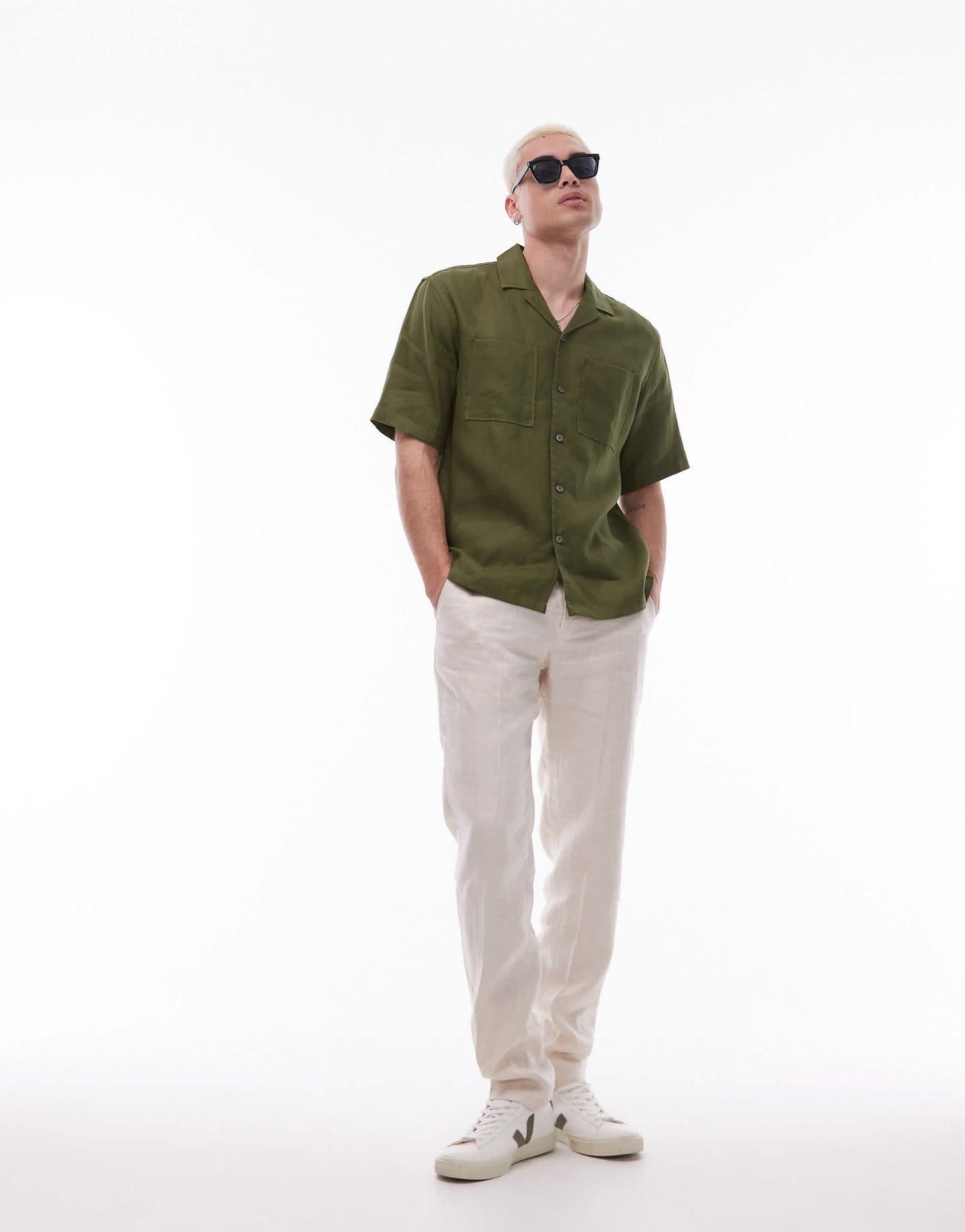 Mango premium linen short sleeve shirt in green