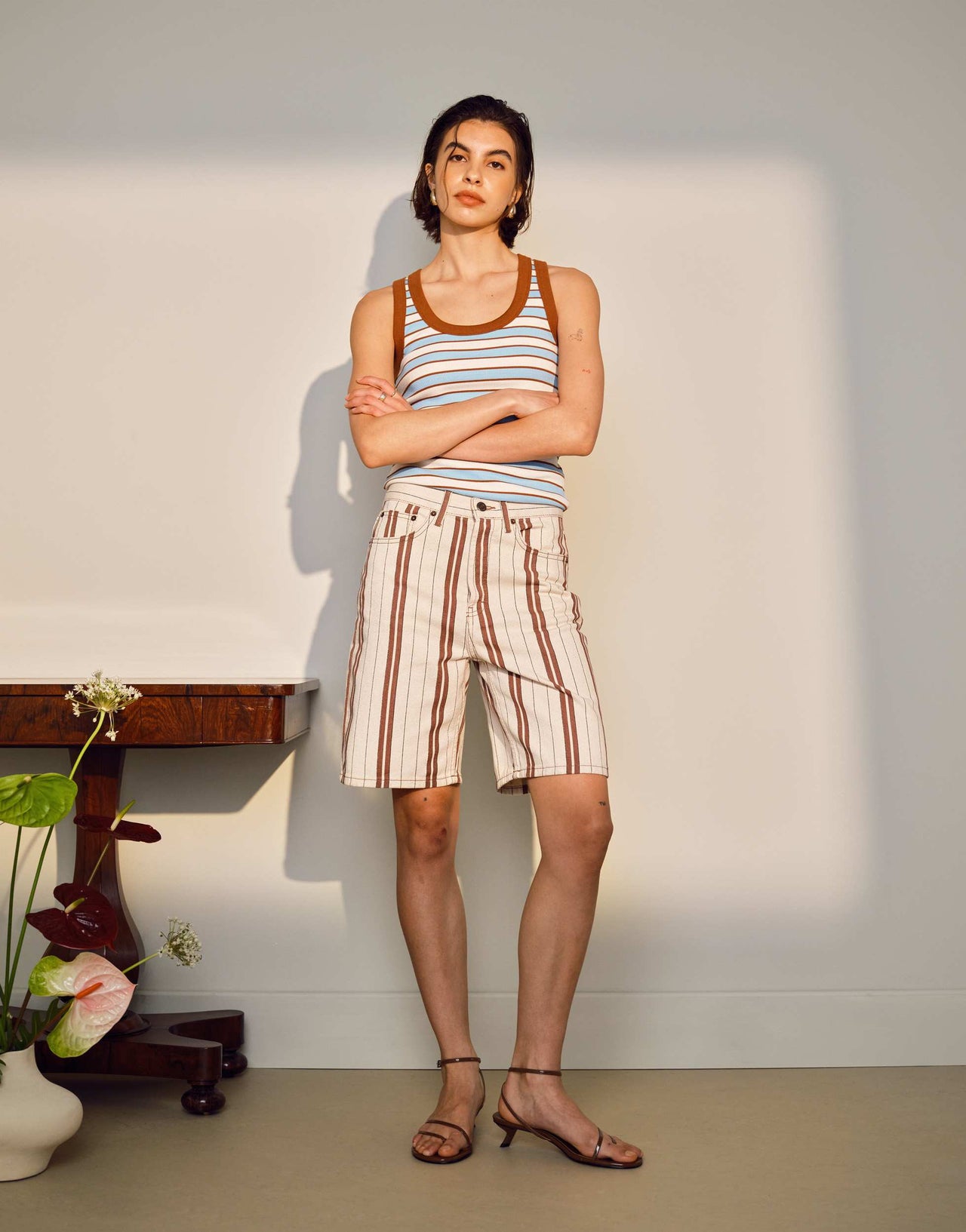 Topshop loose fit denim jort in burgundy stripe