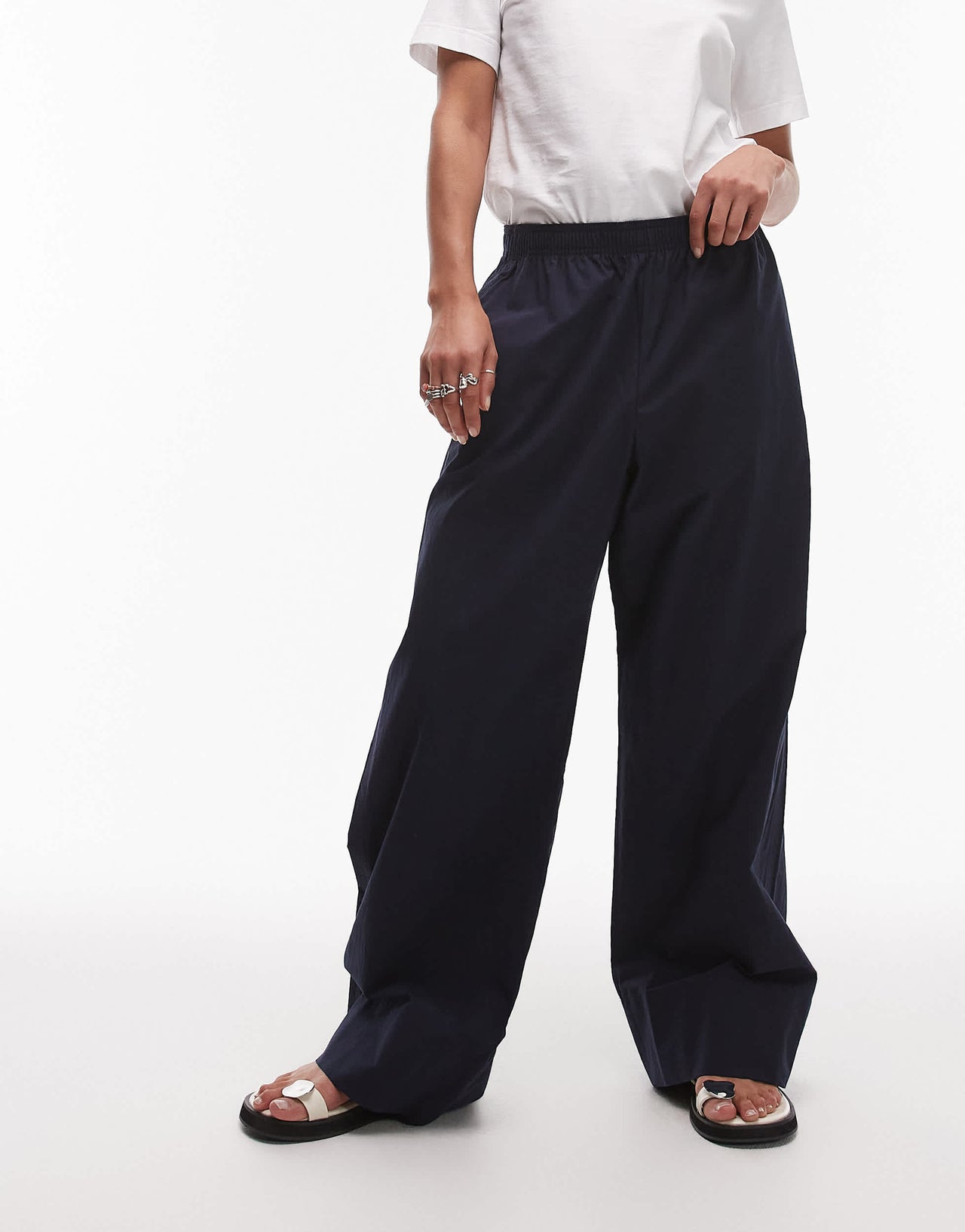 ARKET poplin straight leg trousers with pull-on waist in navy