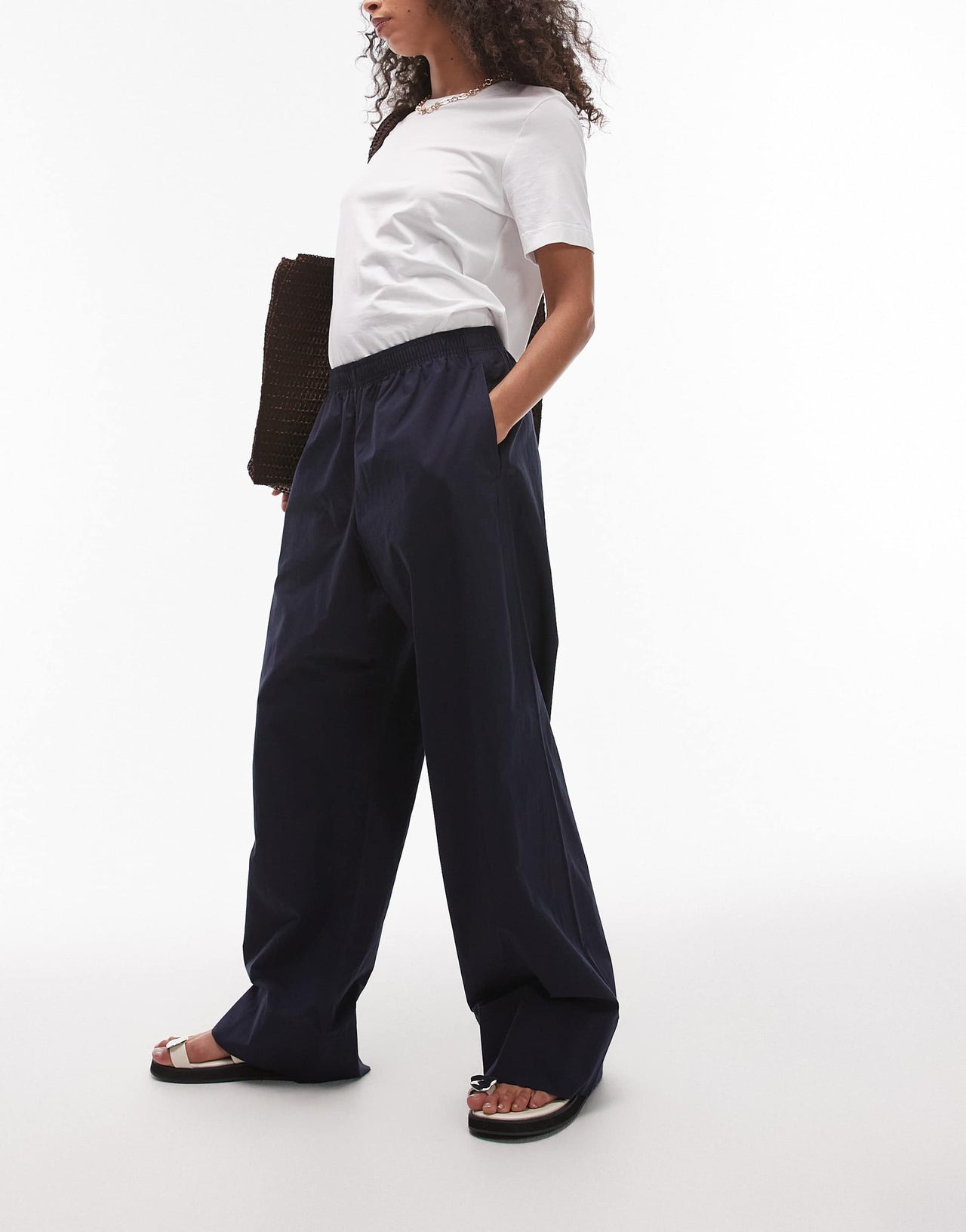 ARKET poplin straight leg trousers with pull-on waist in navy