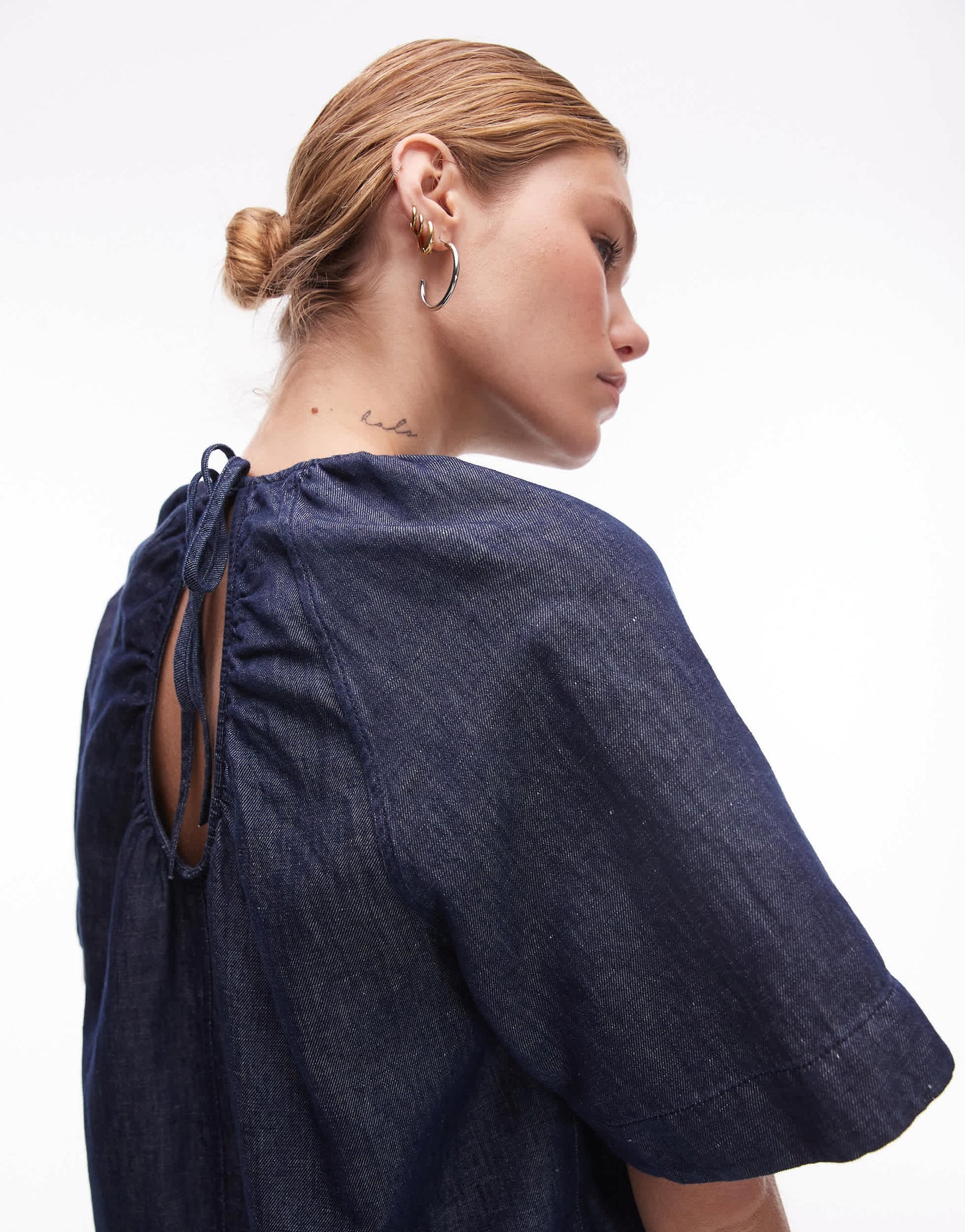 ARKET linen denim top with volume sleeves in clean indigo blue