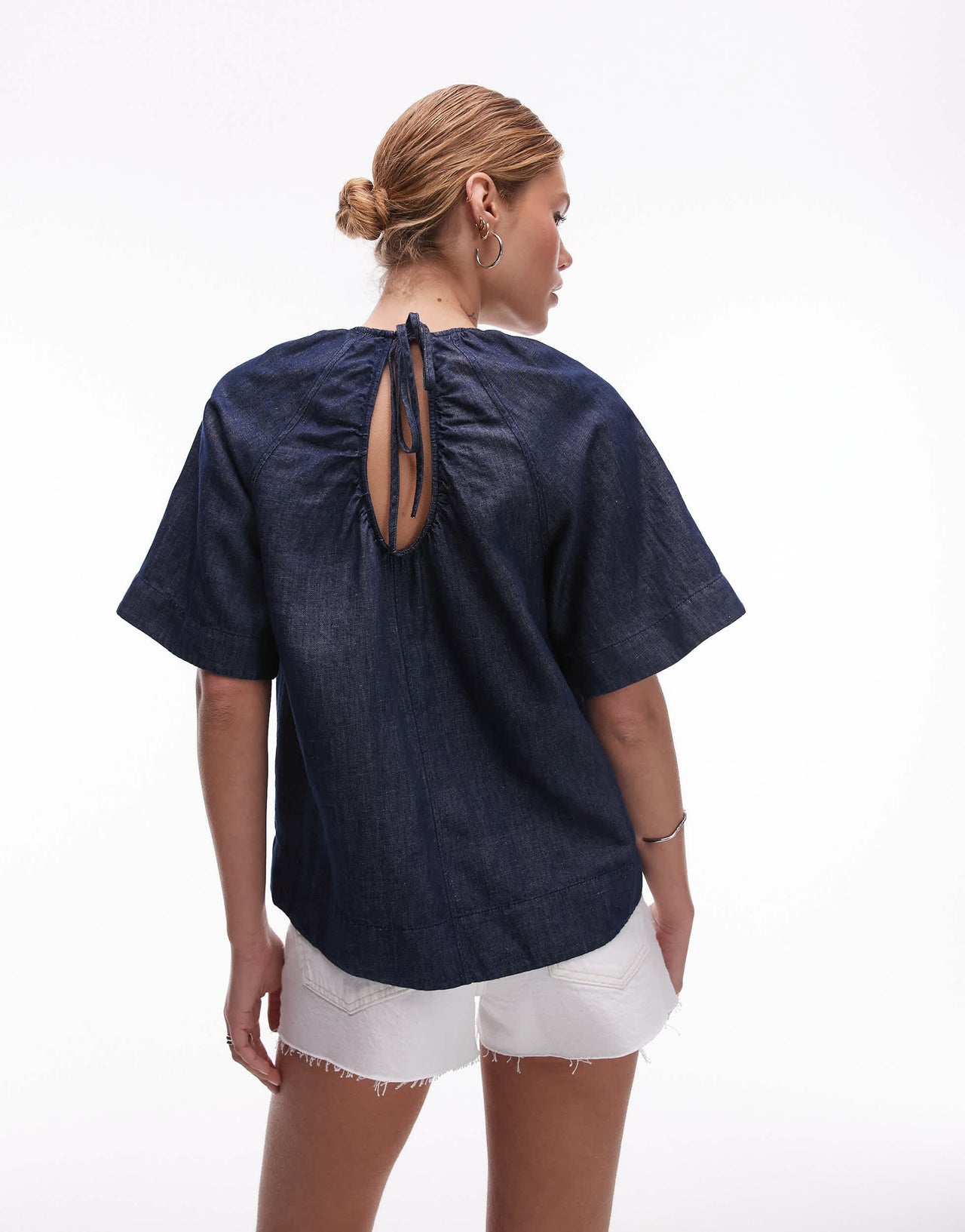 ARKET linen denim top with volume sleeves in clean indigo blue