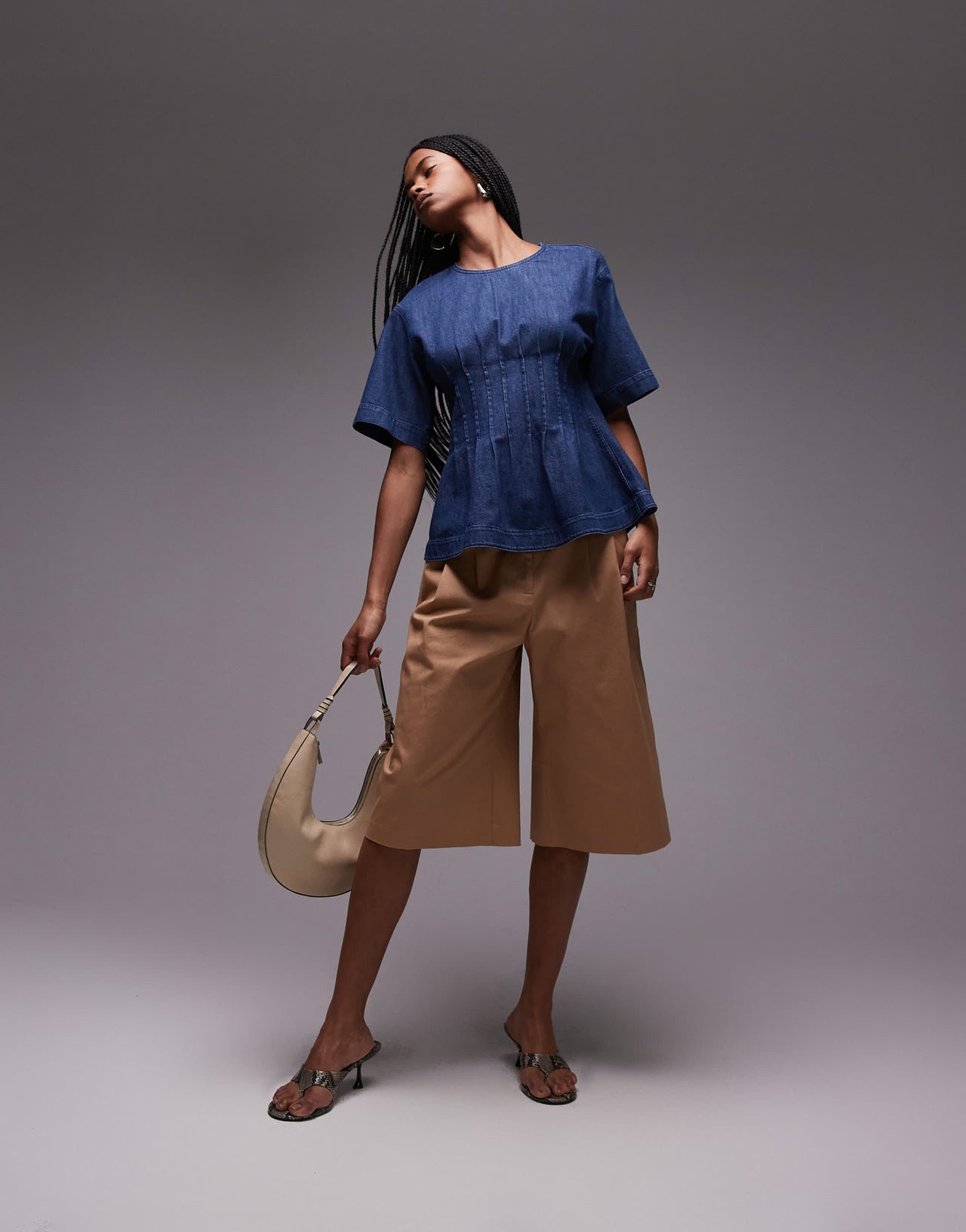 ARKET lightweight denim blouse  with pleated bodice in mid wash blue
