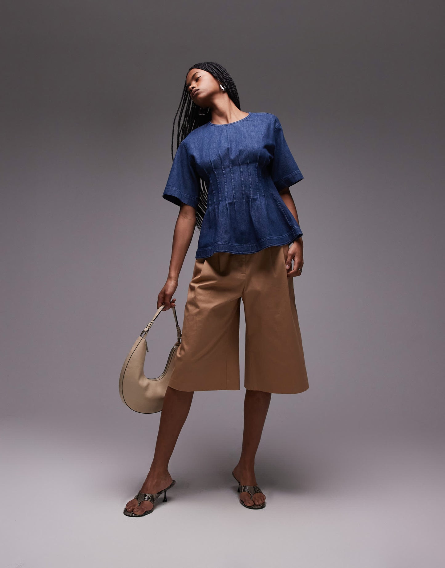 ARKET lightweight denim blouse  with pleated bodice in mid wash blue