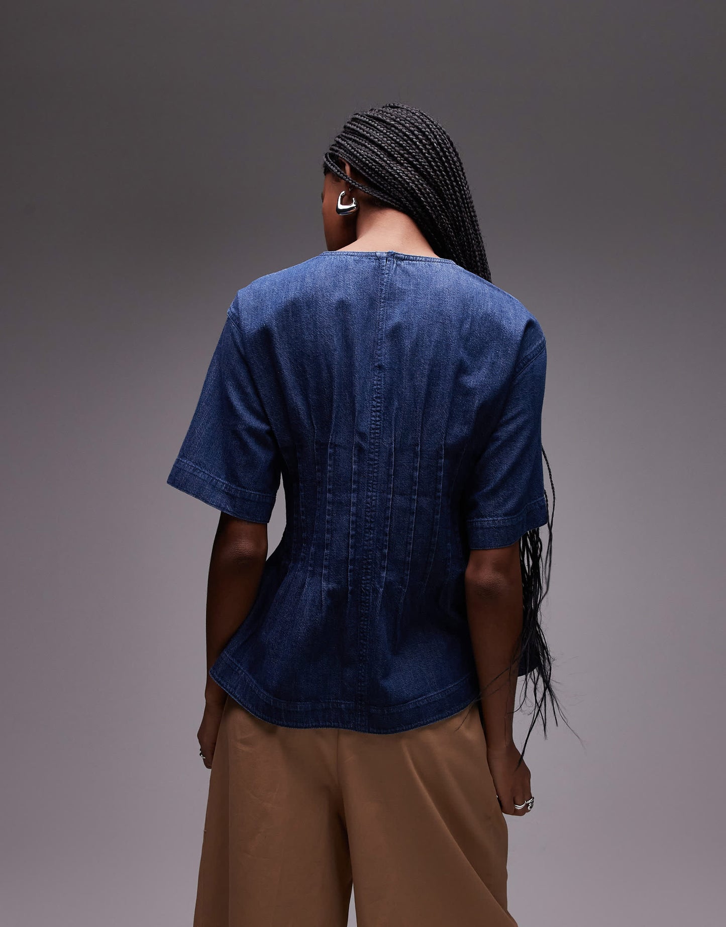 ARKET lightweight denim blouse  with pleated bodice in mid wash blue