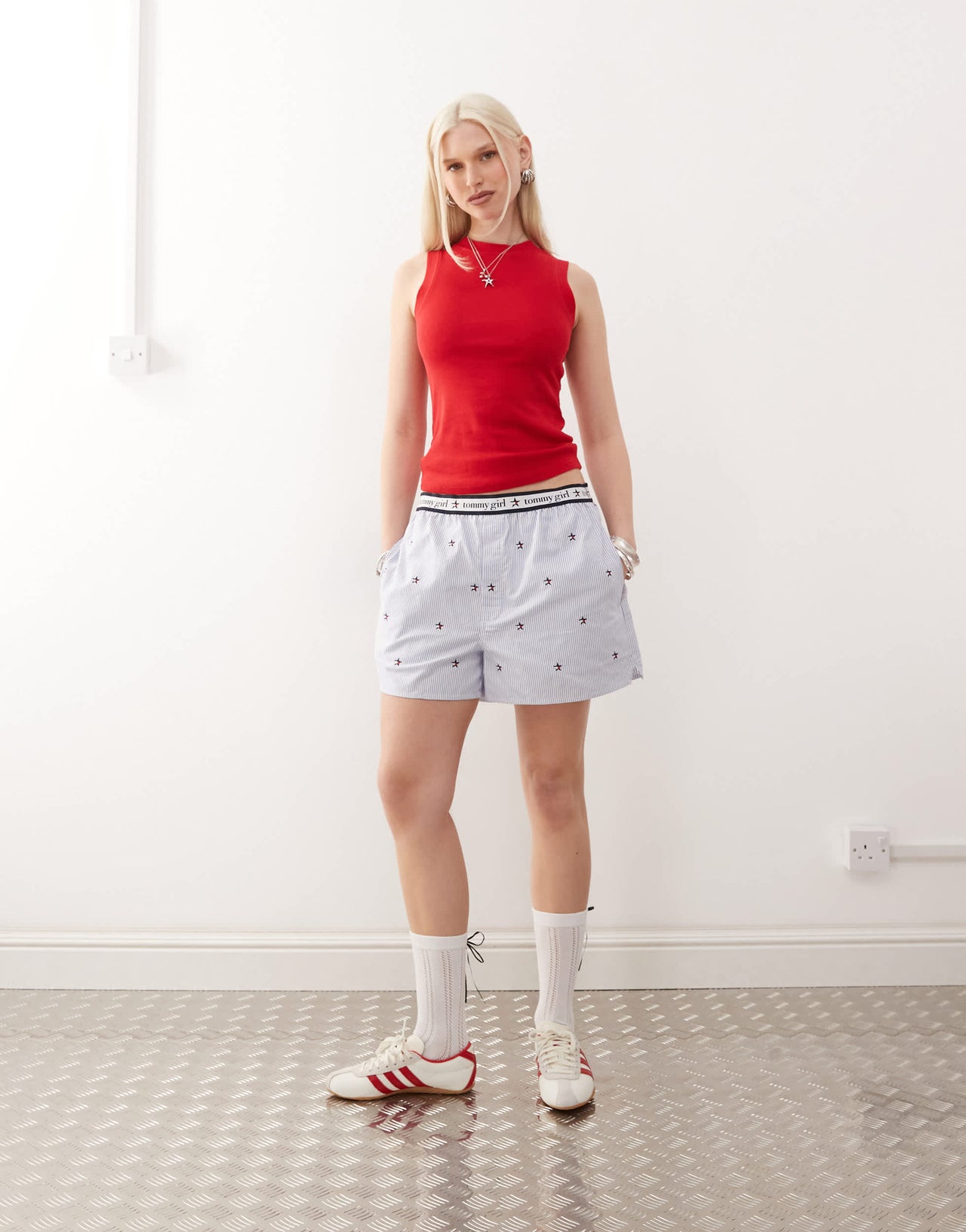 Tommy Jeans tommy girl embroidered boxer shorts in light blue